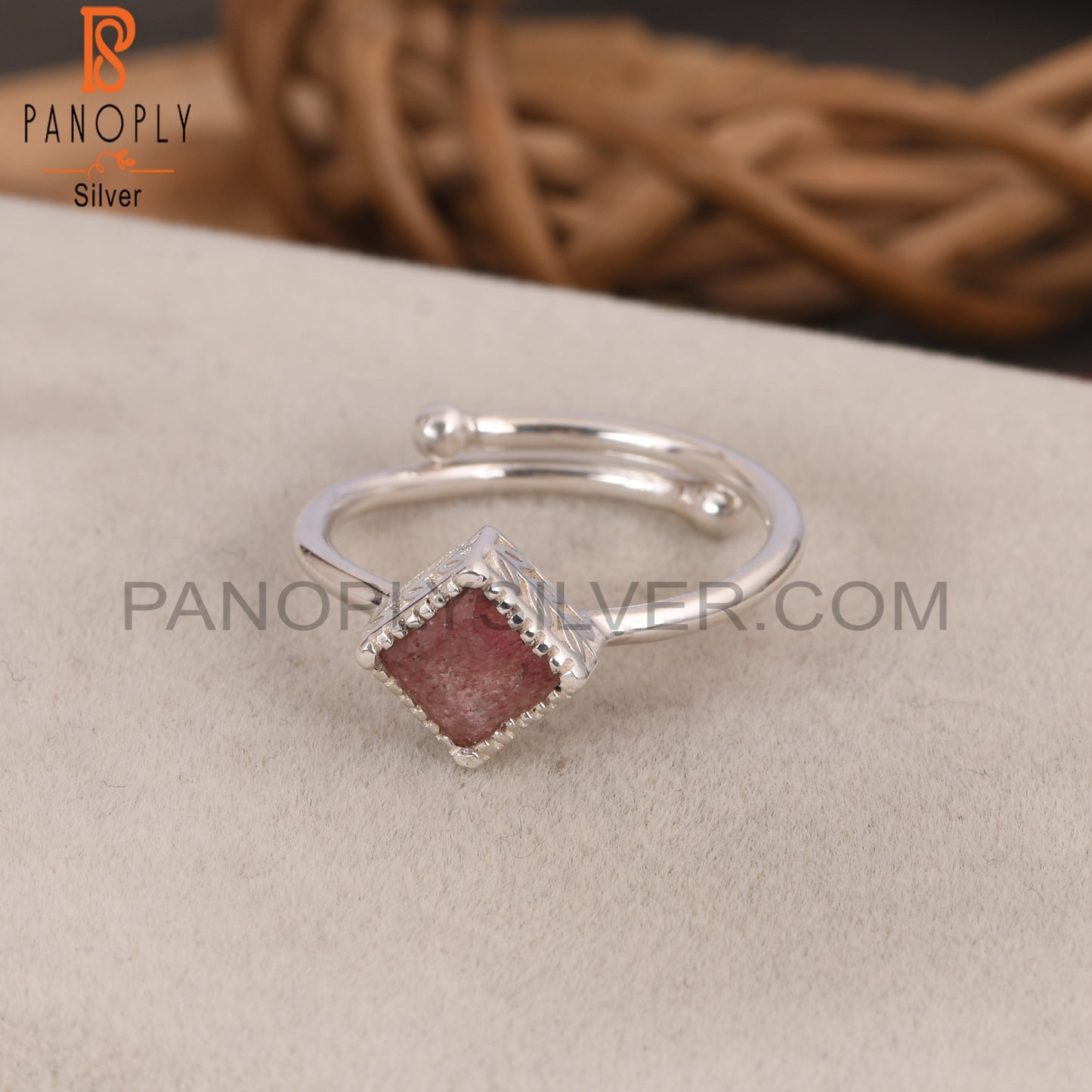 Strawberry Quartz Square Shape 925 Sterling Silver Unique Ring