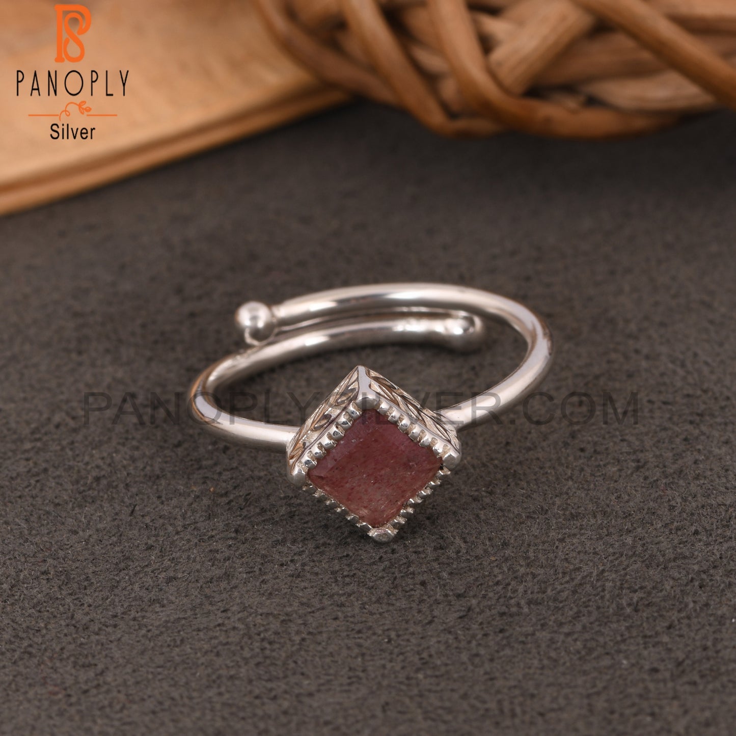 Strawberry Quartz Square Shape 925 Sterling Silver Unique Ring