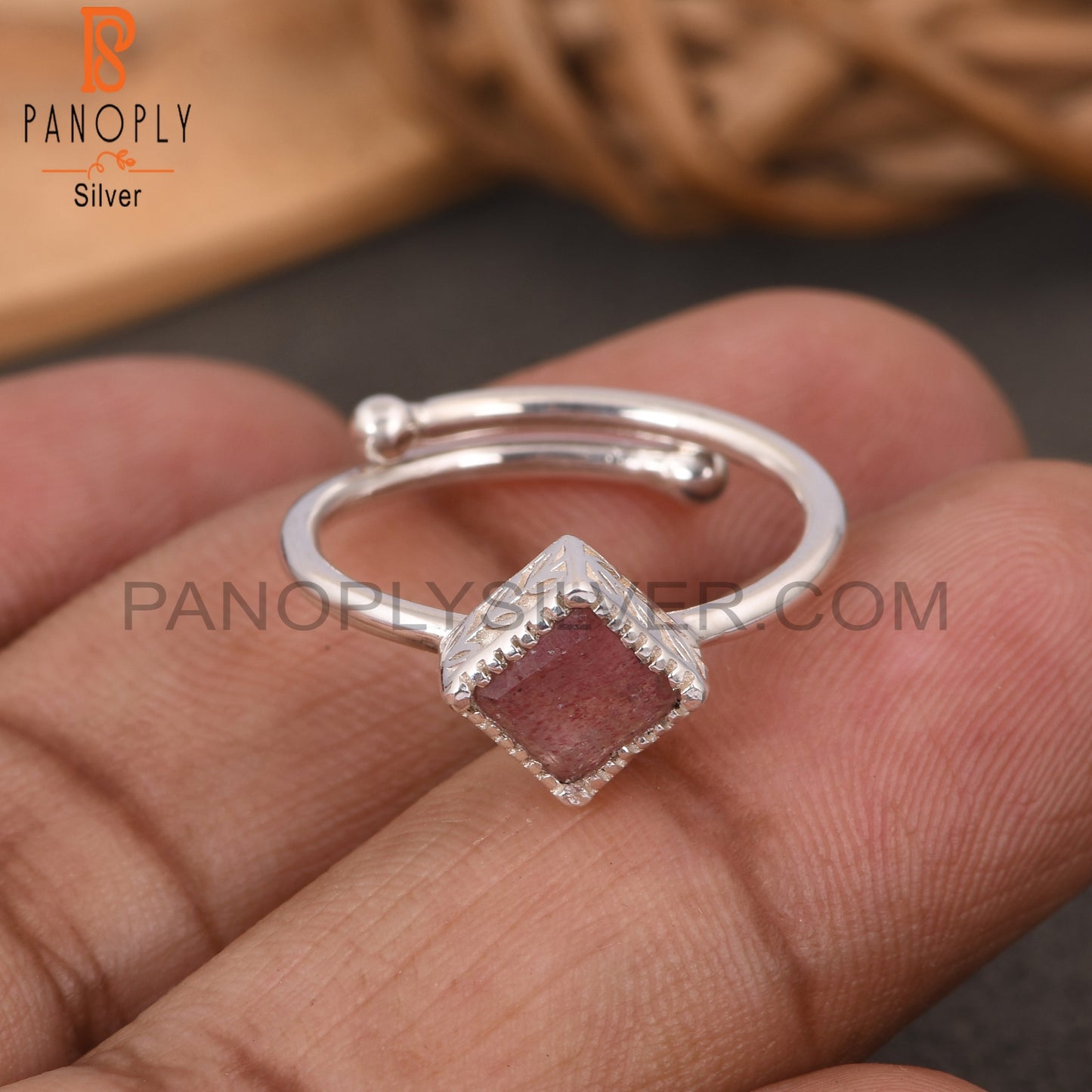 Strawberry Quartz Square Shape 925 Sterling Silver Unique Ring