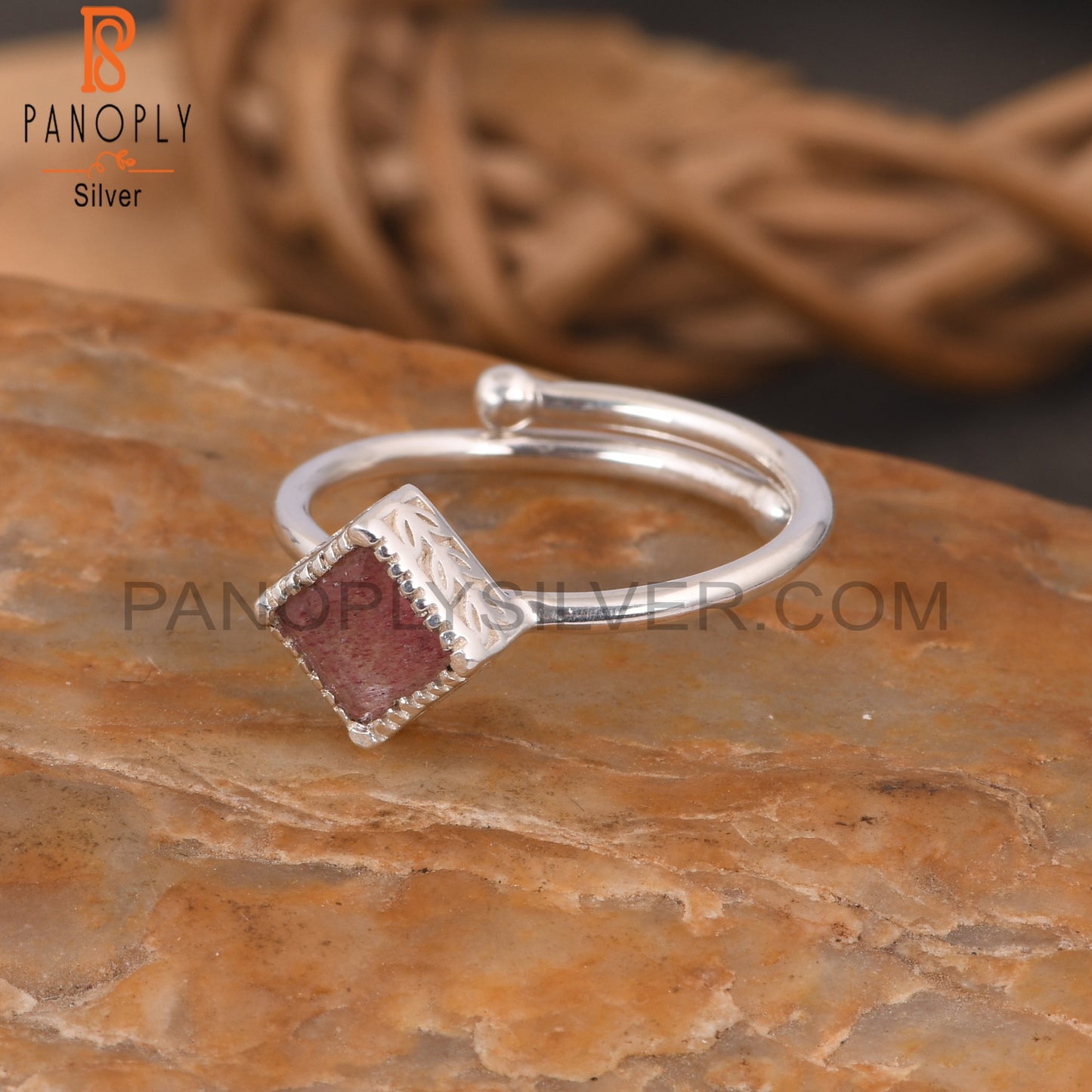 Strawberry Quartz Square Shape 925 Sterling Silver Unique Ring