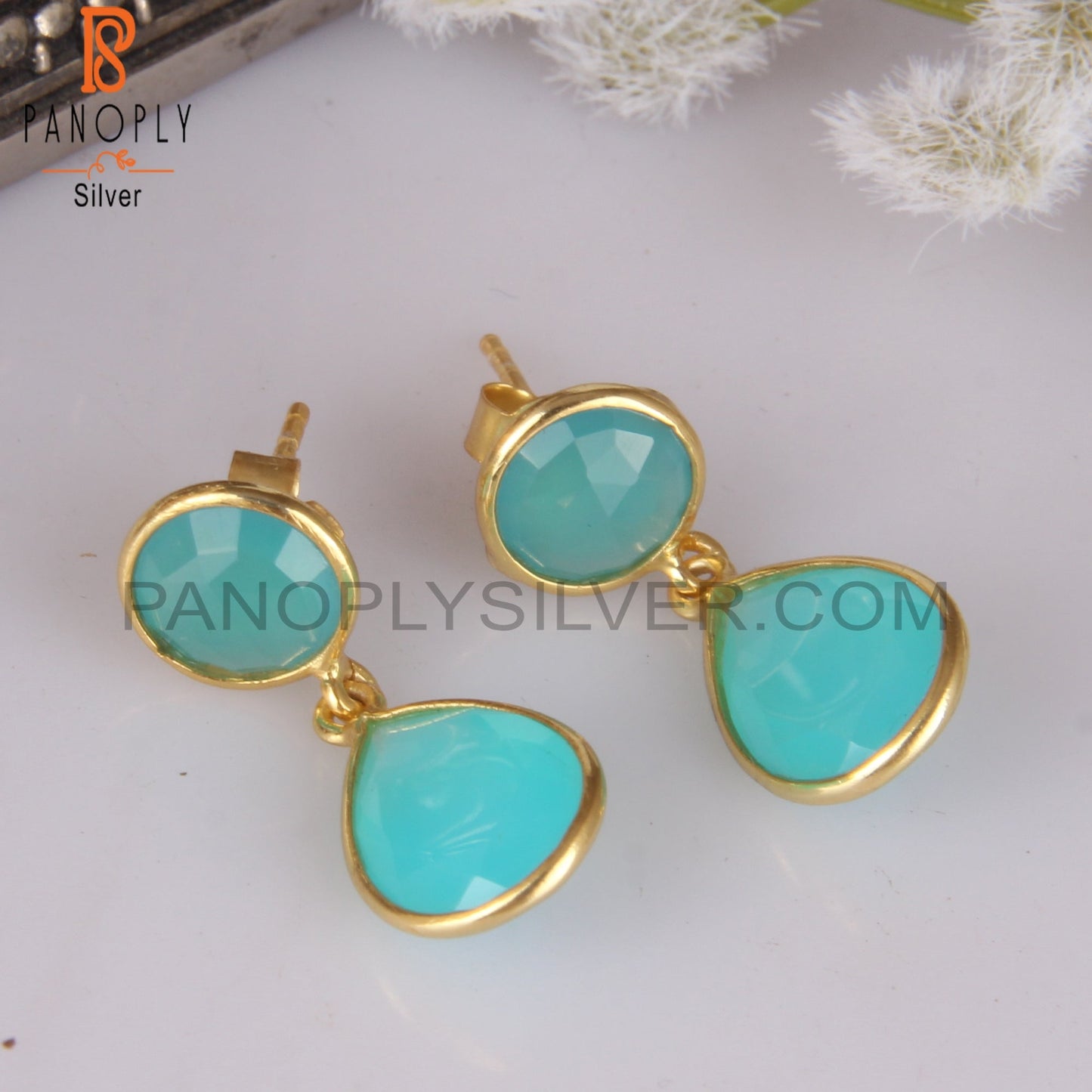 14K Gold Plated 925 Silver Aqua Chalcedony Bezel Set Earrings