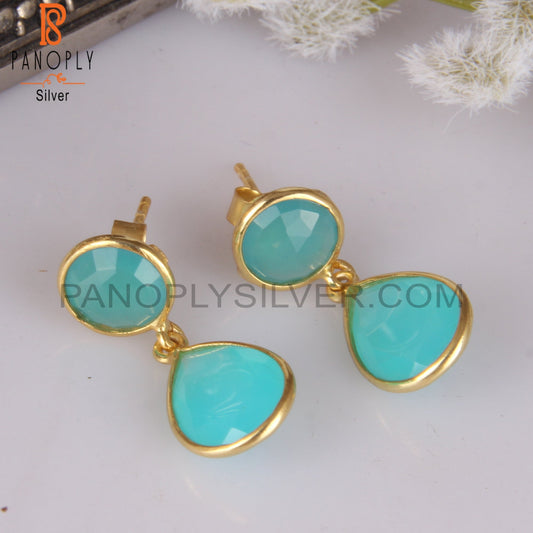 14K Gold Plated 925 Silver Aqua Chalcedony Bezel Set Earrings