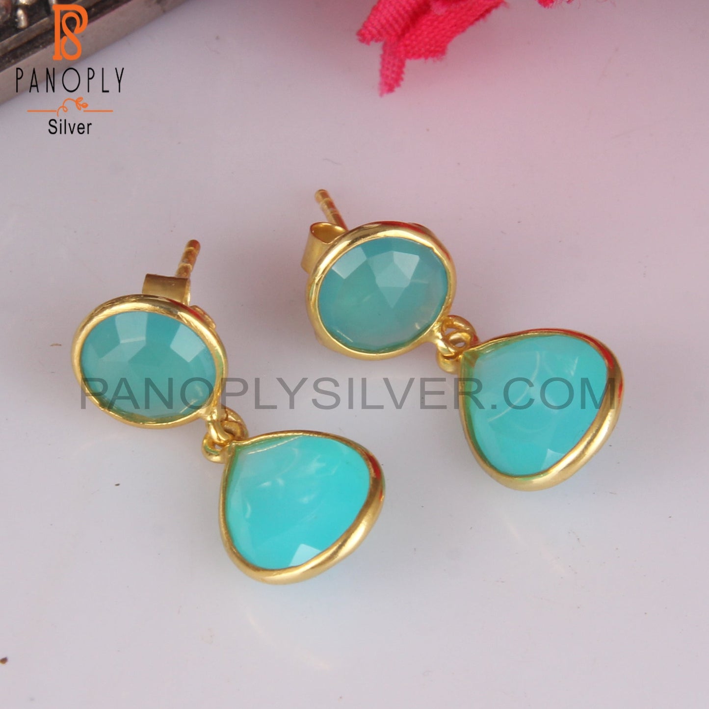 14K Gold Plated 925 Silver Aqua Chalcedony Bezel Set Earrings