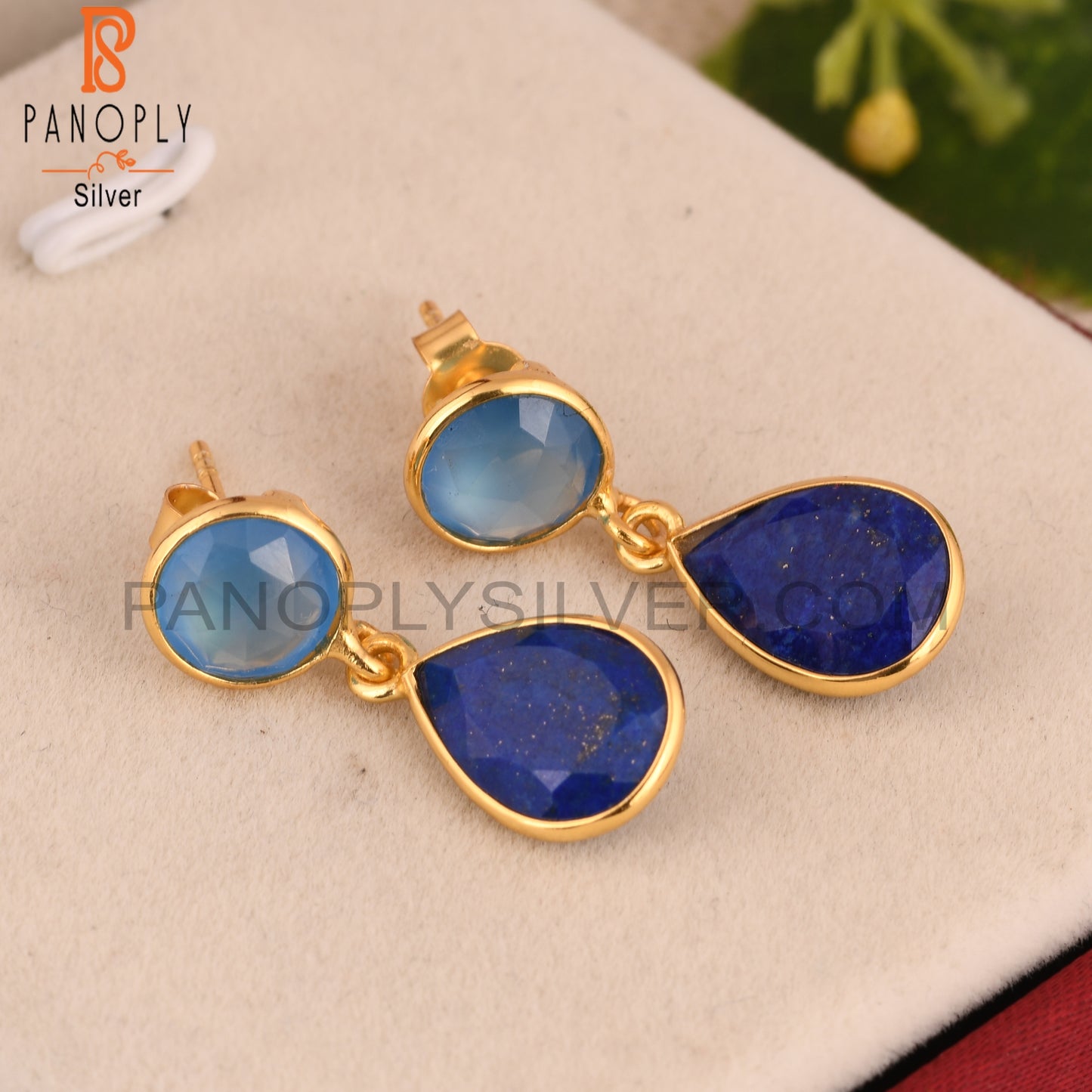 Lapis Lazuli, Blue Chalcedony Gold Plated 925 Silver Dangle Earrings