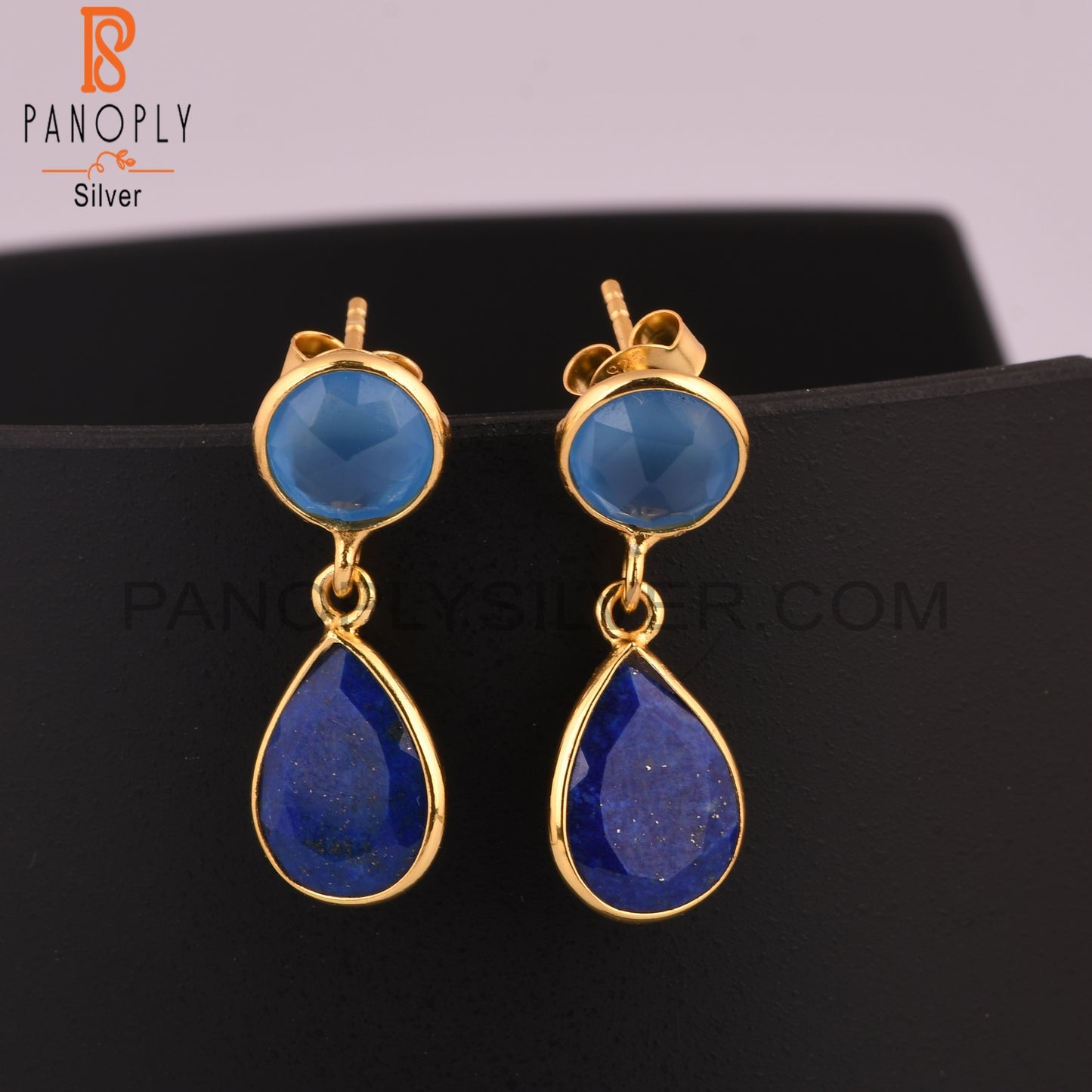 Lapis Lazuli, Blue Chalcedony Gold Plated 925 Silver Dangle Earrings