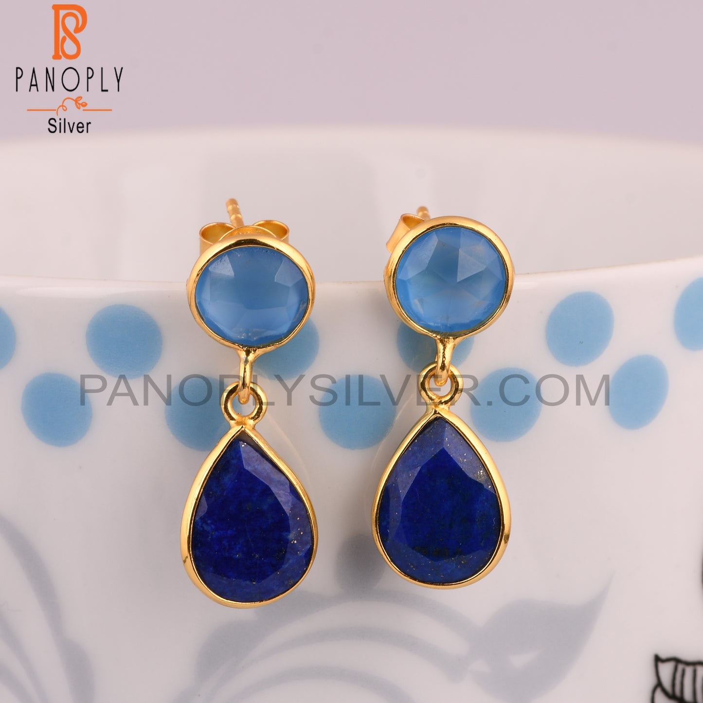 Lapis Lazuli, Blue Chalcedony Gold Plated 925 Silver Dangle Earrings