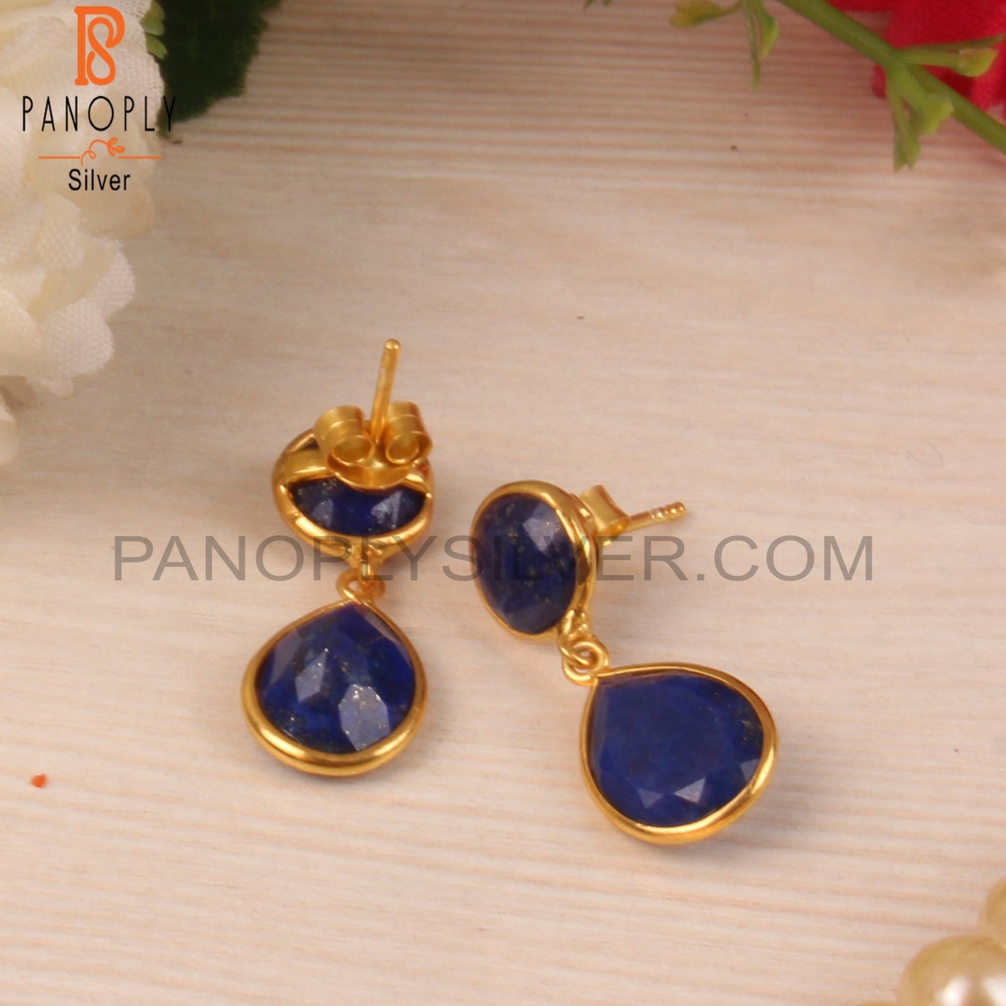 18K Yellow Gold Plated 925 Sodalite Bezel Dangle Earrings