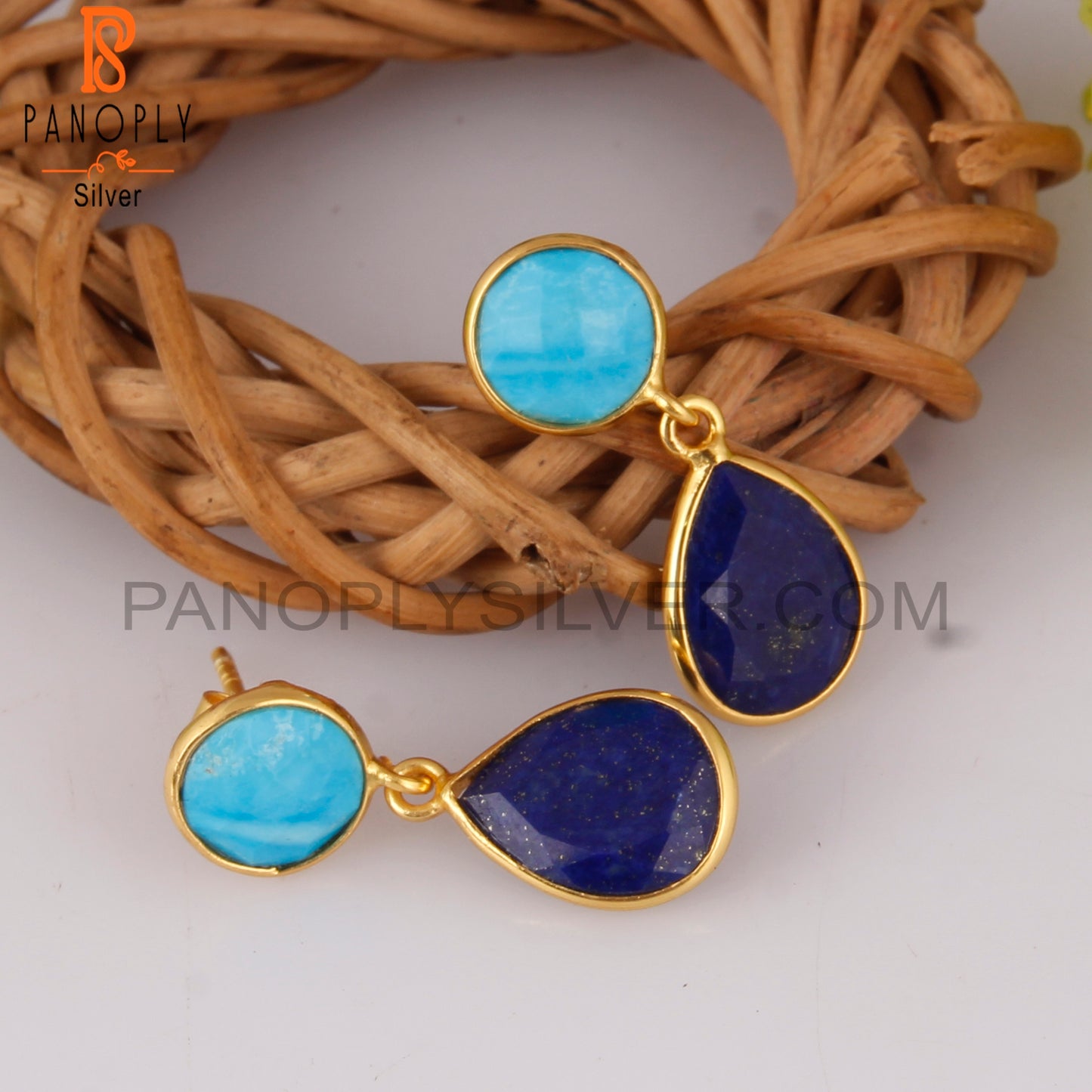 Turquoise Cultured & Lapis 925 Silver Bezel Gold Plated Earrings