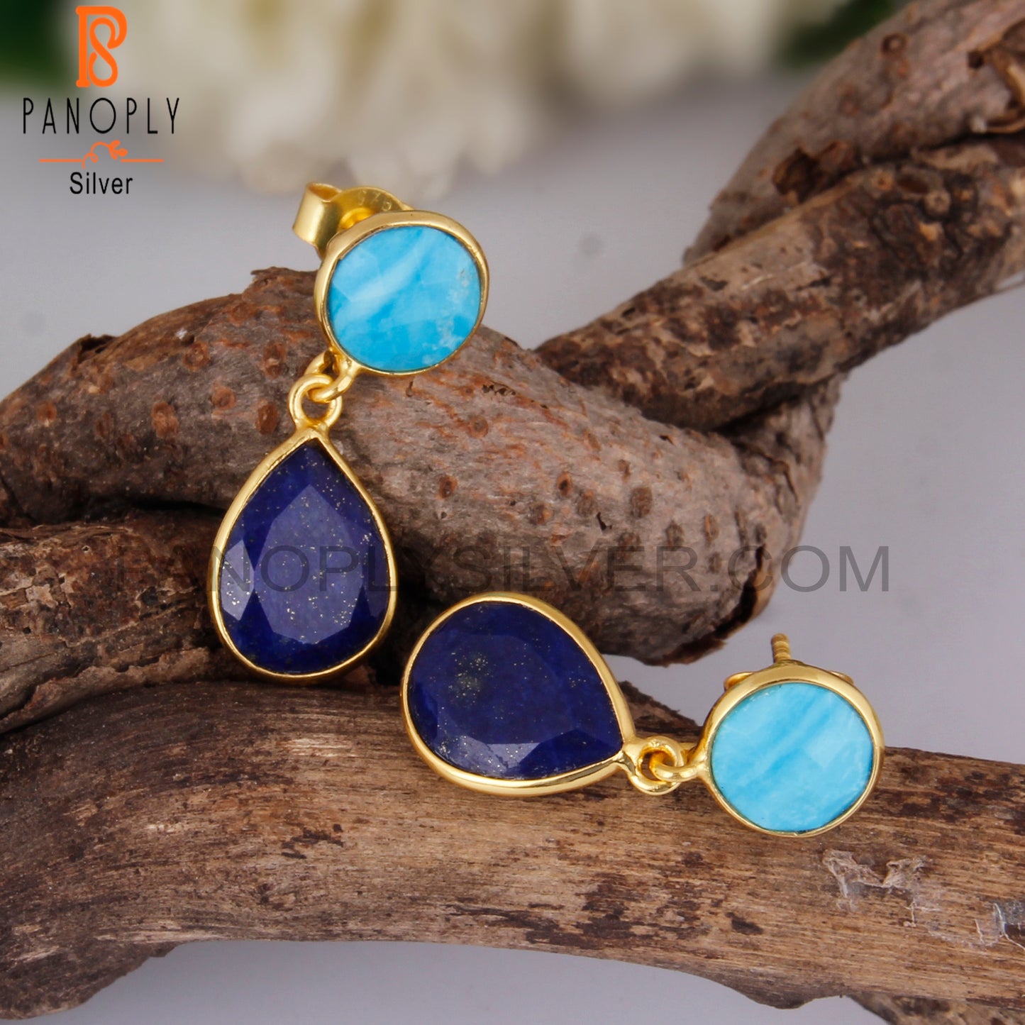 Turquoise Cultured & Lapis 925 Silver Bezel Gold Plated Earrings