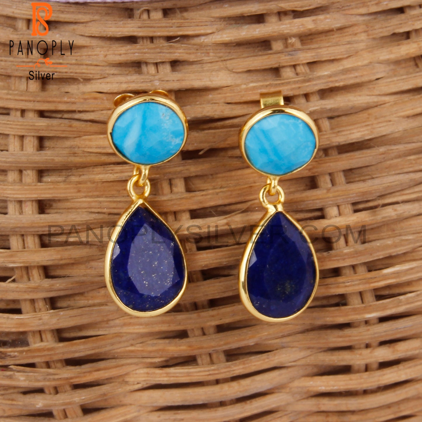 Turquoise Cultured & Lapis 925 Silver Bezel Gold Plated Earrings