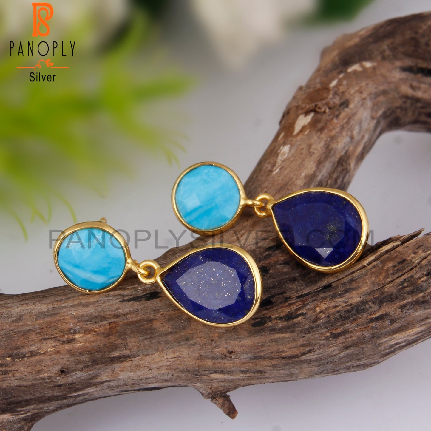 Turquoise Cultured & Lapis 925 Silver Bezel Gold Plated Earrings