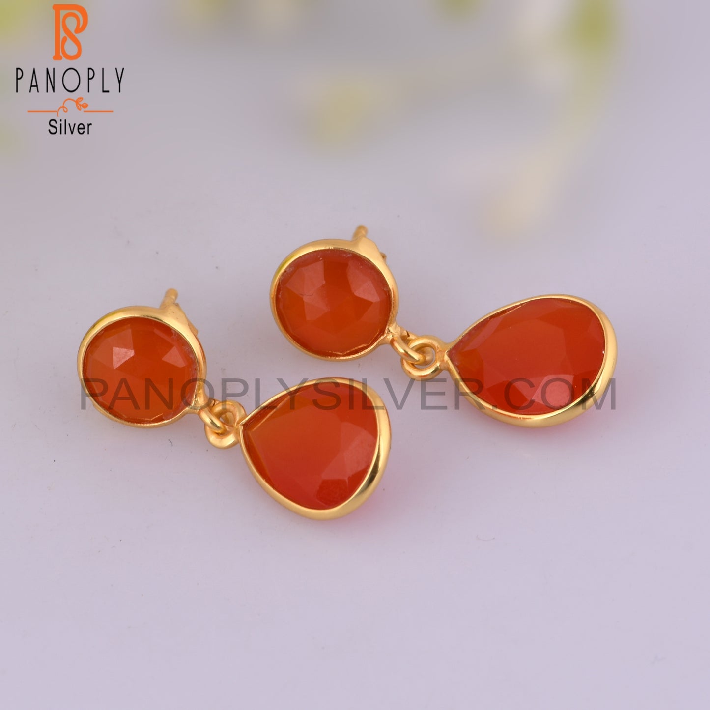 925 Silver Gold Plated Red Onyx Bezel Set Drop Earrings