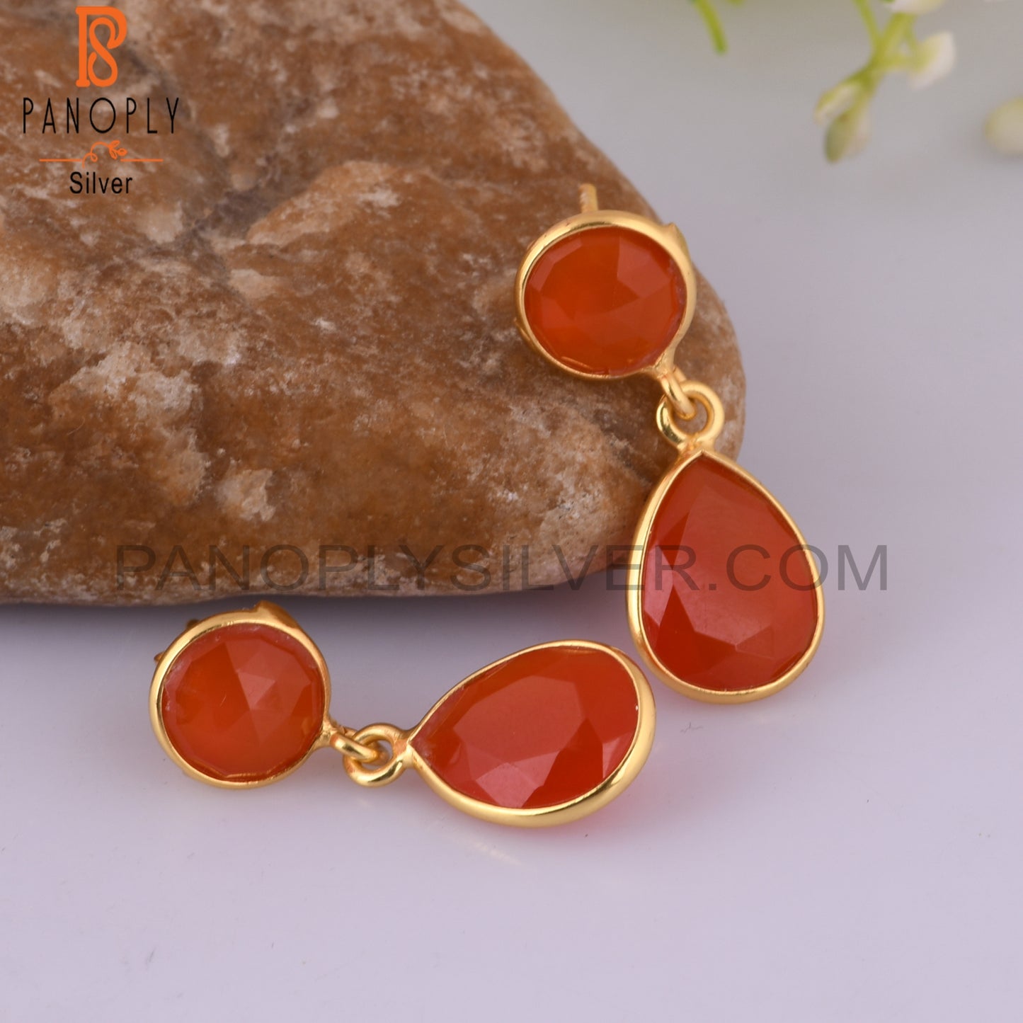 925 Silver Gold Plated Red Onyx Bezel Set Drop Earrings