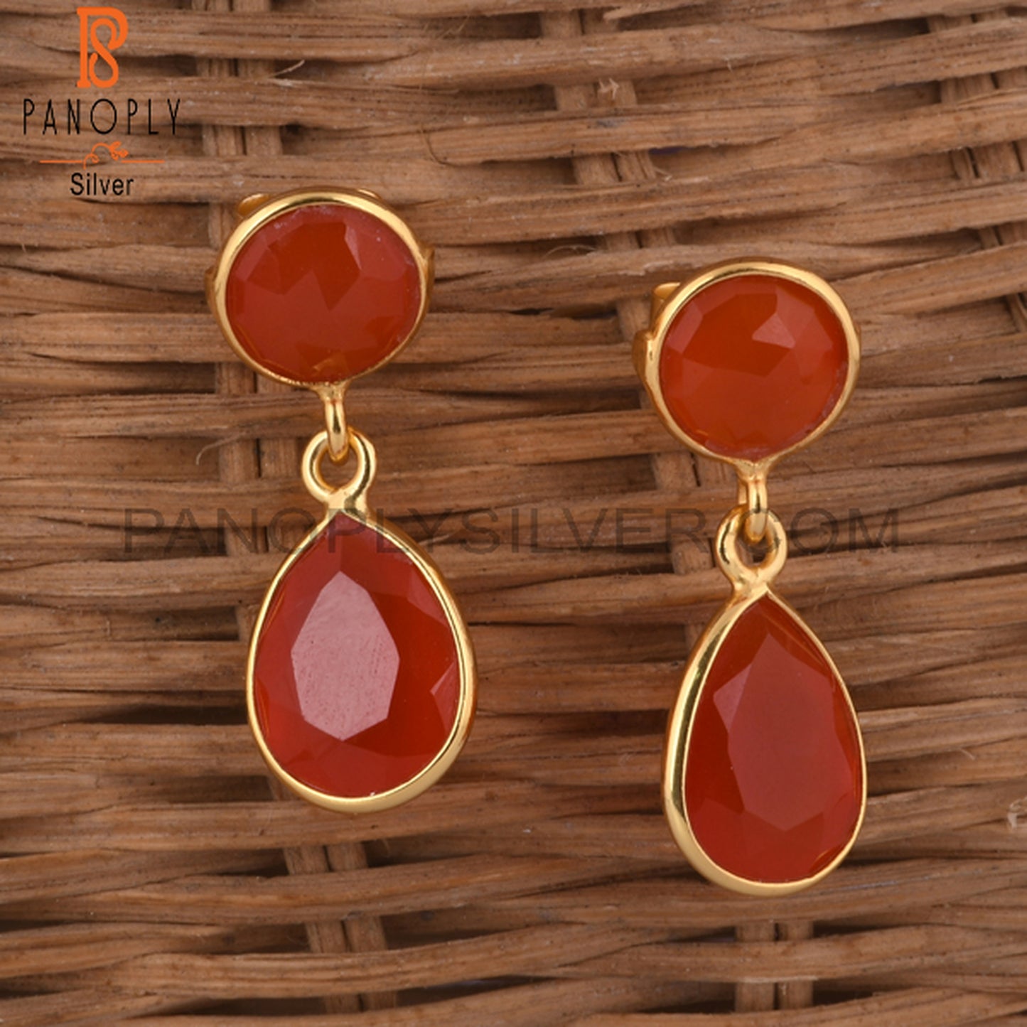 925 Silver Gold Plated Red Onyx Bezel Set Drop Earrings