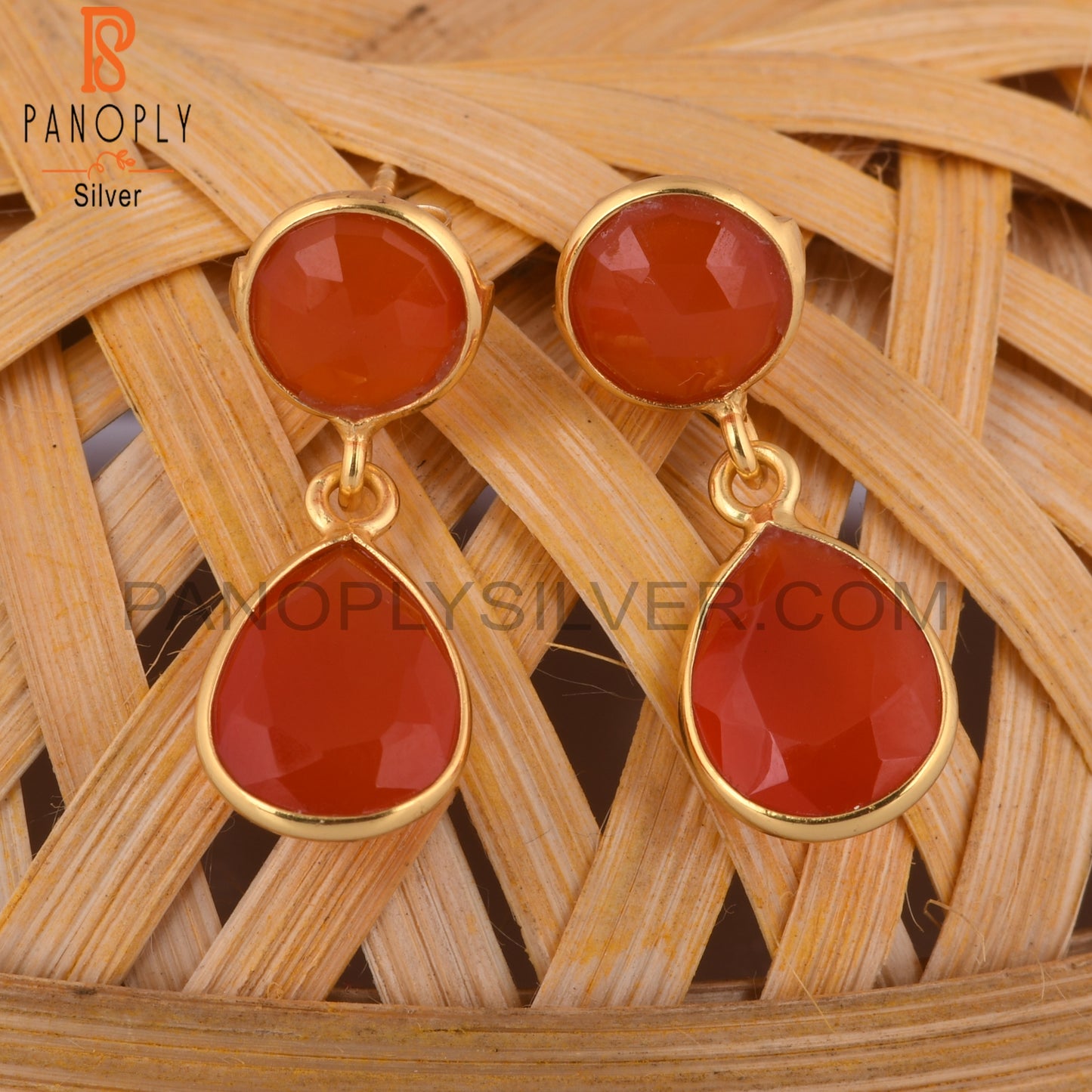 925 Silver Gold Plated Red Onyx Bezel Set Drop Earrings