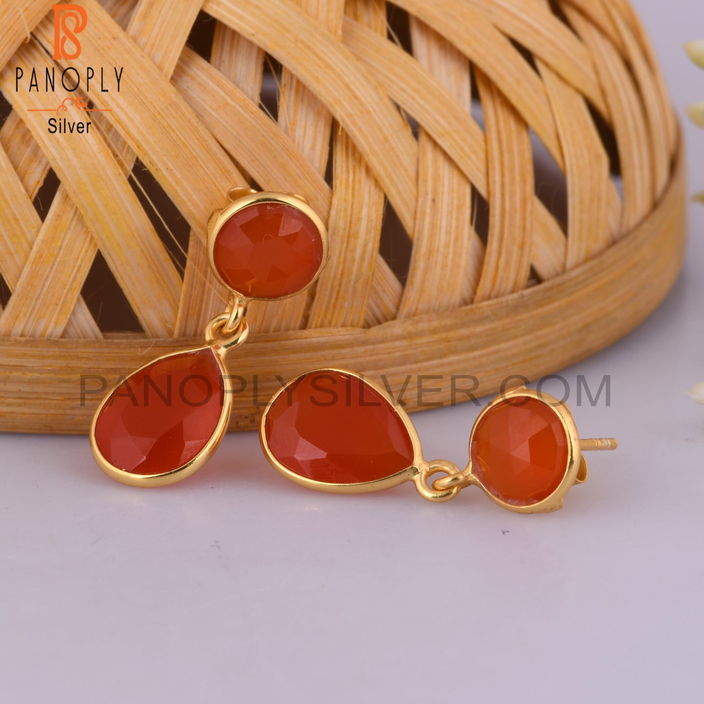 925 Silver Gold Plated Red Onyx Bezel Set Drop Earrings