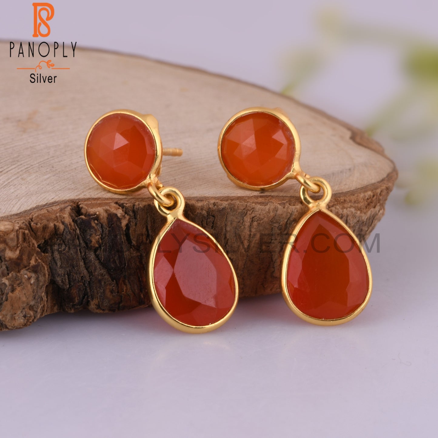 925 Silver Gold Plated Red Onyx Bezel Set Drop Earrings