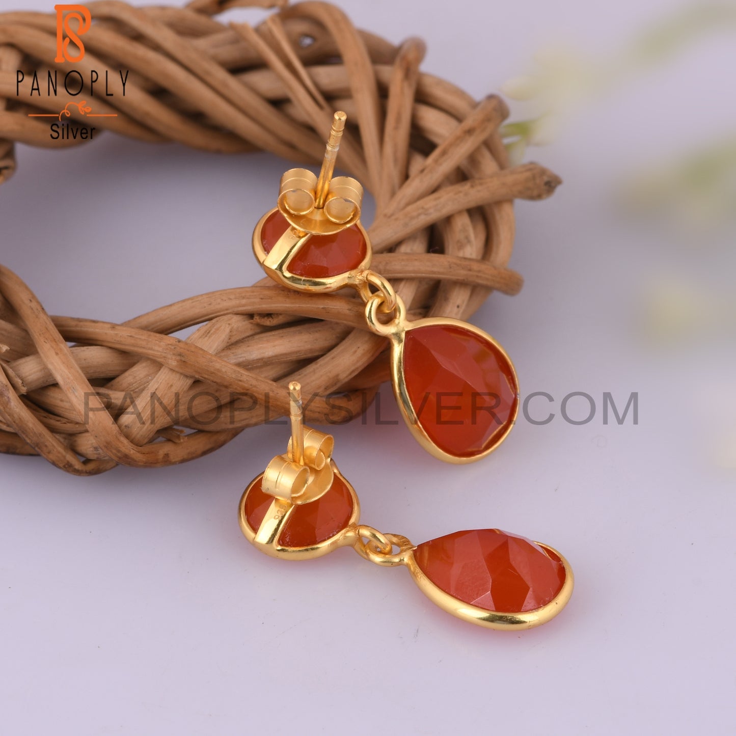 925 Silver Gold Plated Red Onyx Bezel Set Drop Earrings