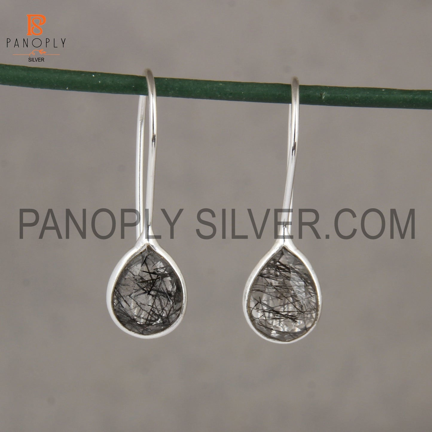 925 Sterling Silver Black Rutile Gem Hook Drop Earrings