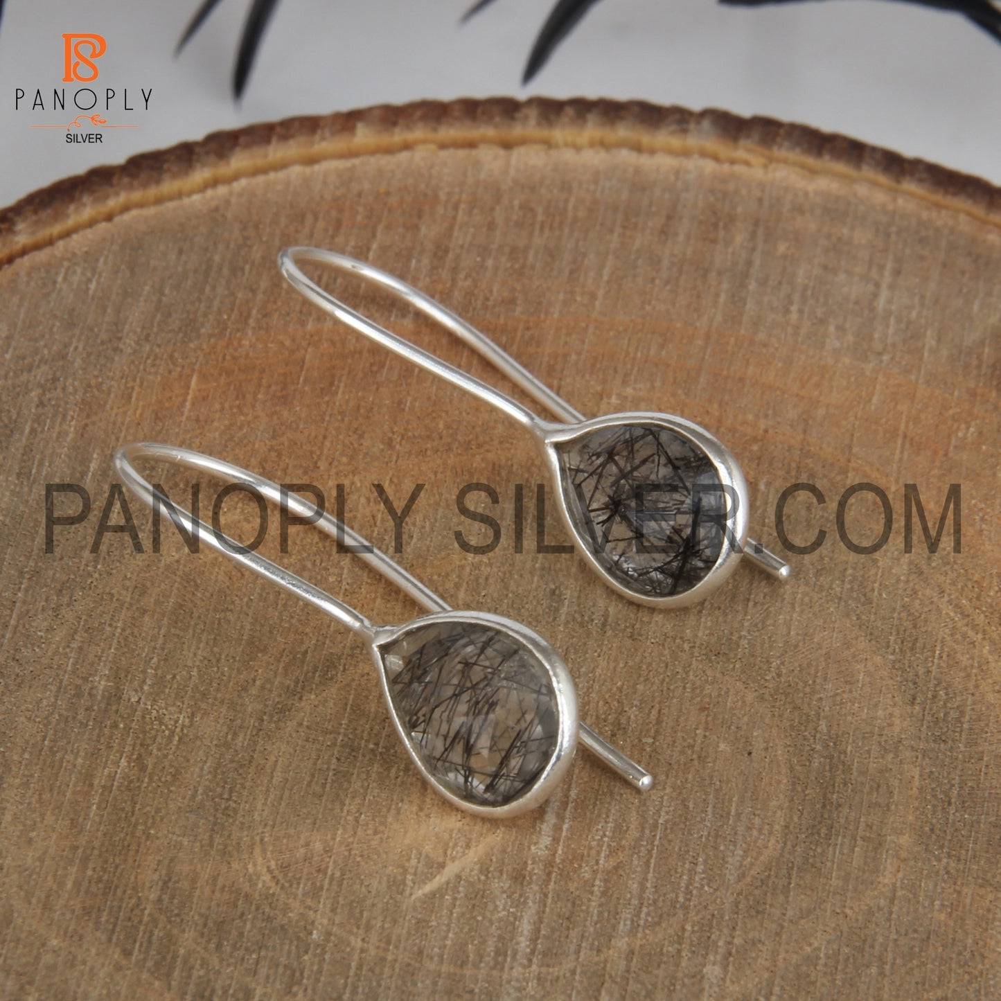 925 Sterling Silver Black Rutile Gem Hook Drop Earrings
