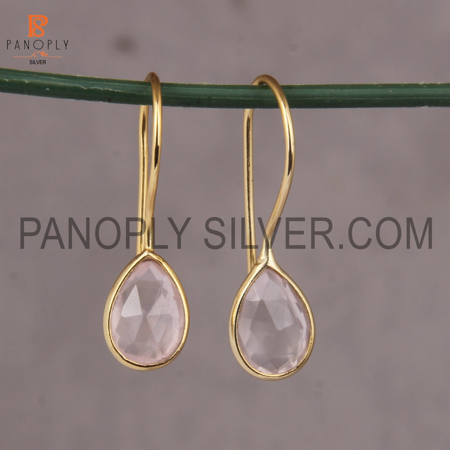 Rose Quartz 925 Quality Gold Hook Dangle Earrings