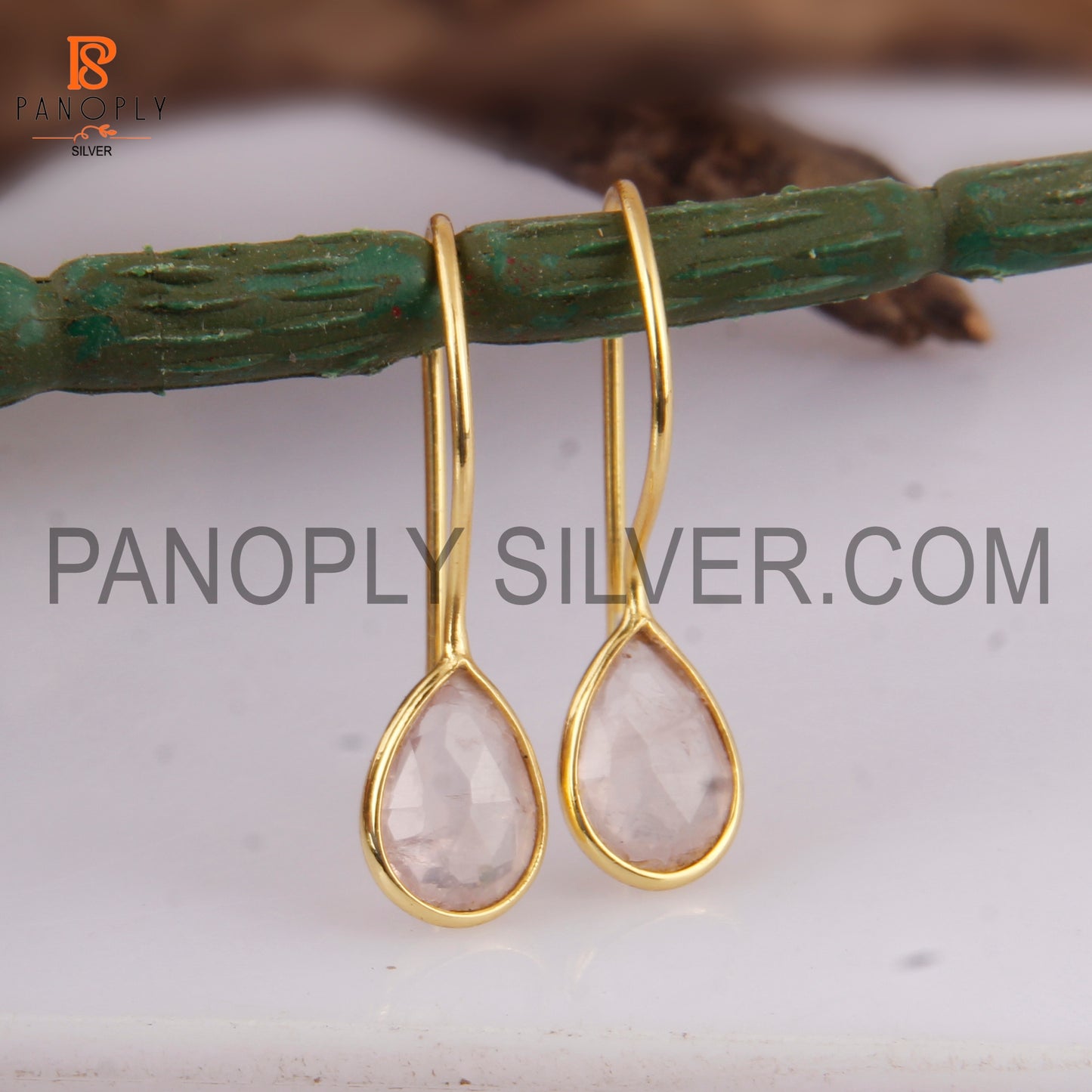 Rose Quartz 925 Quality Gold Hook Dangle Earrings