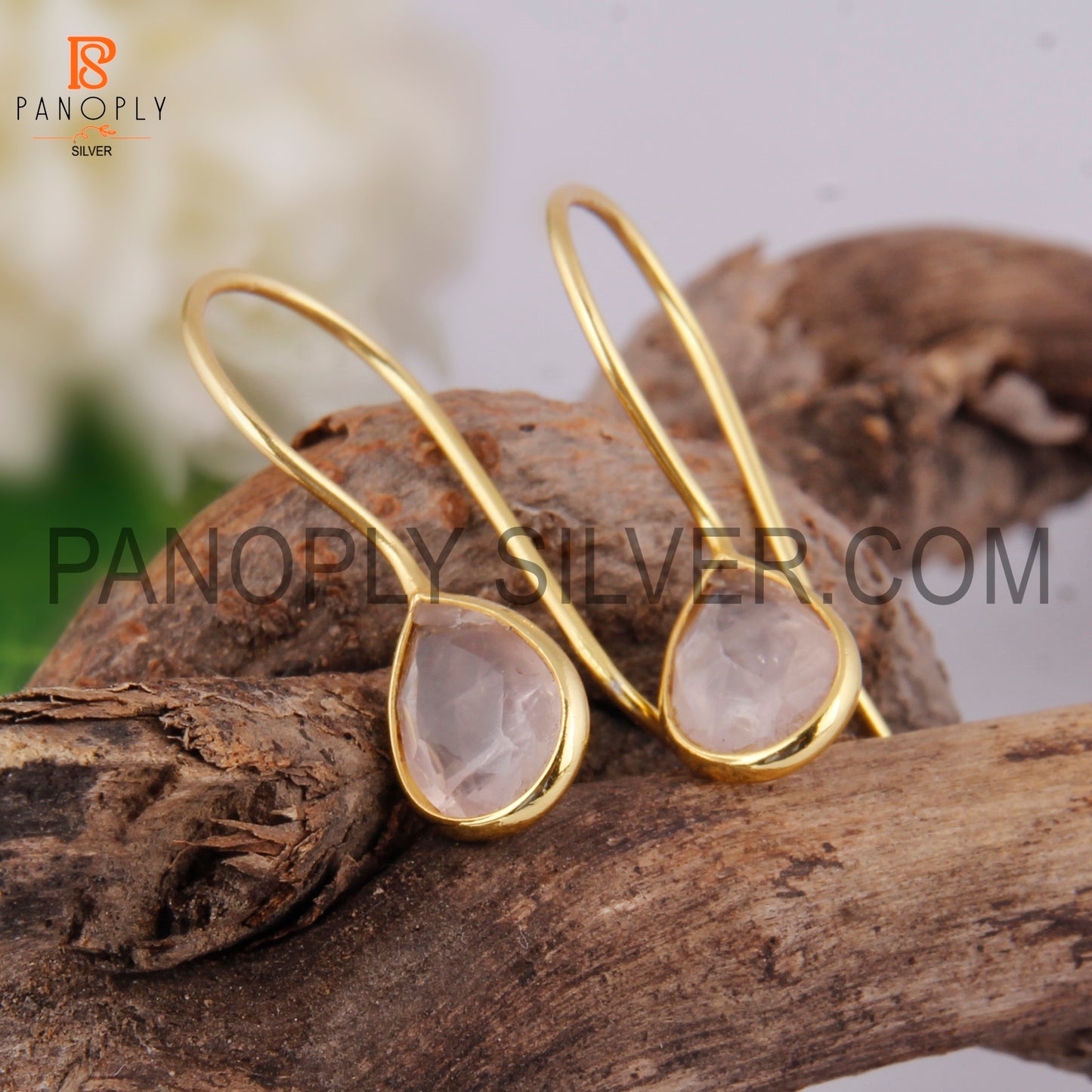 Rose Quartz 925 Quality Gold Hook Dangle Earrings