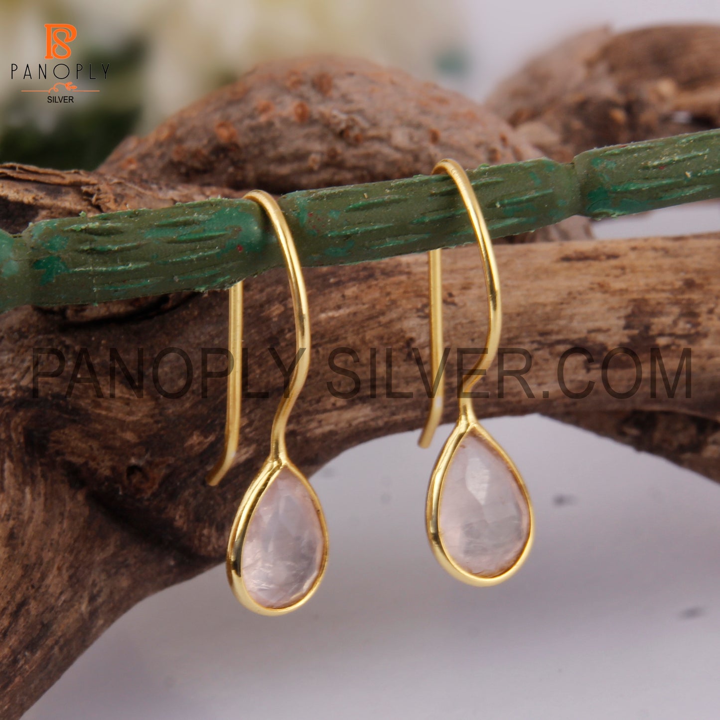 Rose Quartz 925 Quality Gold Hook Dangle Earrings