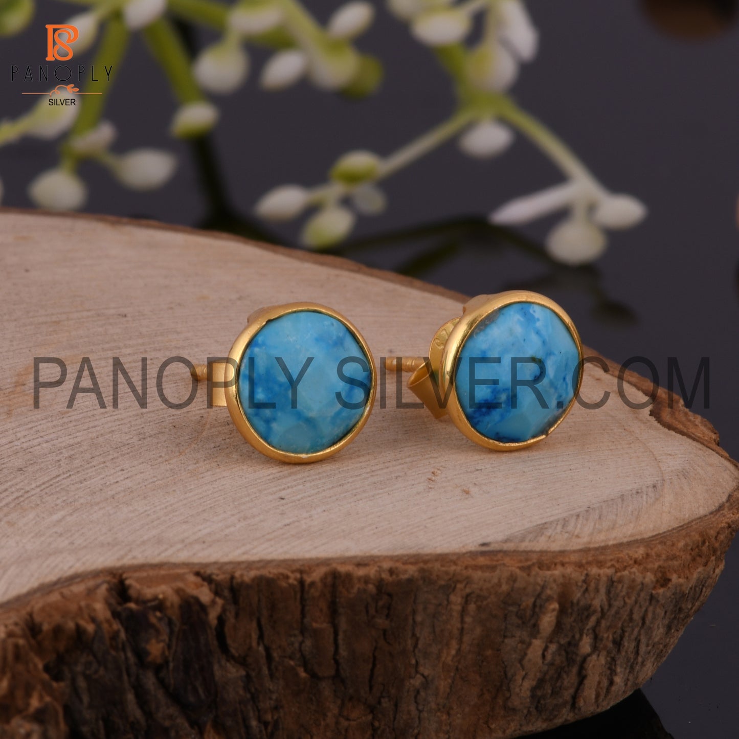 Turquoise Matrix Chinese 18K Gold Stud Earrings