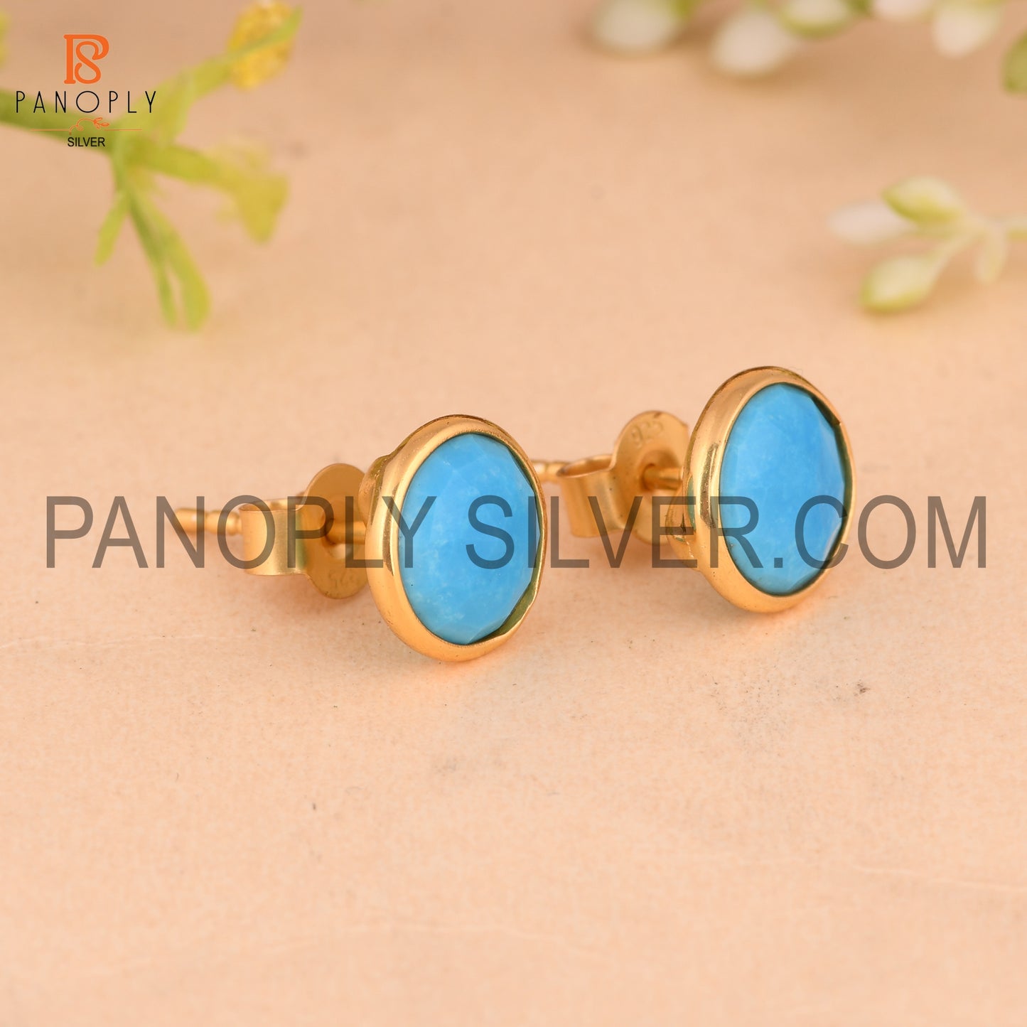 Turquoise Matrix Chinese 18K Gold Stud Earrings