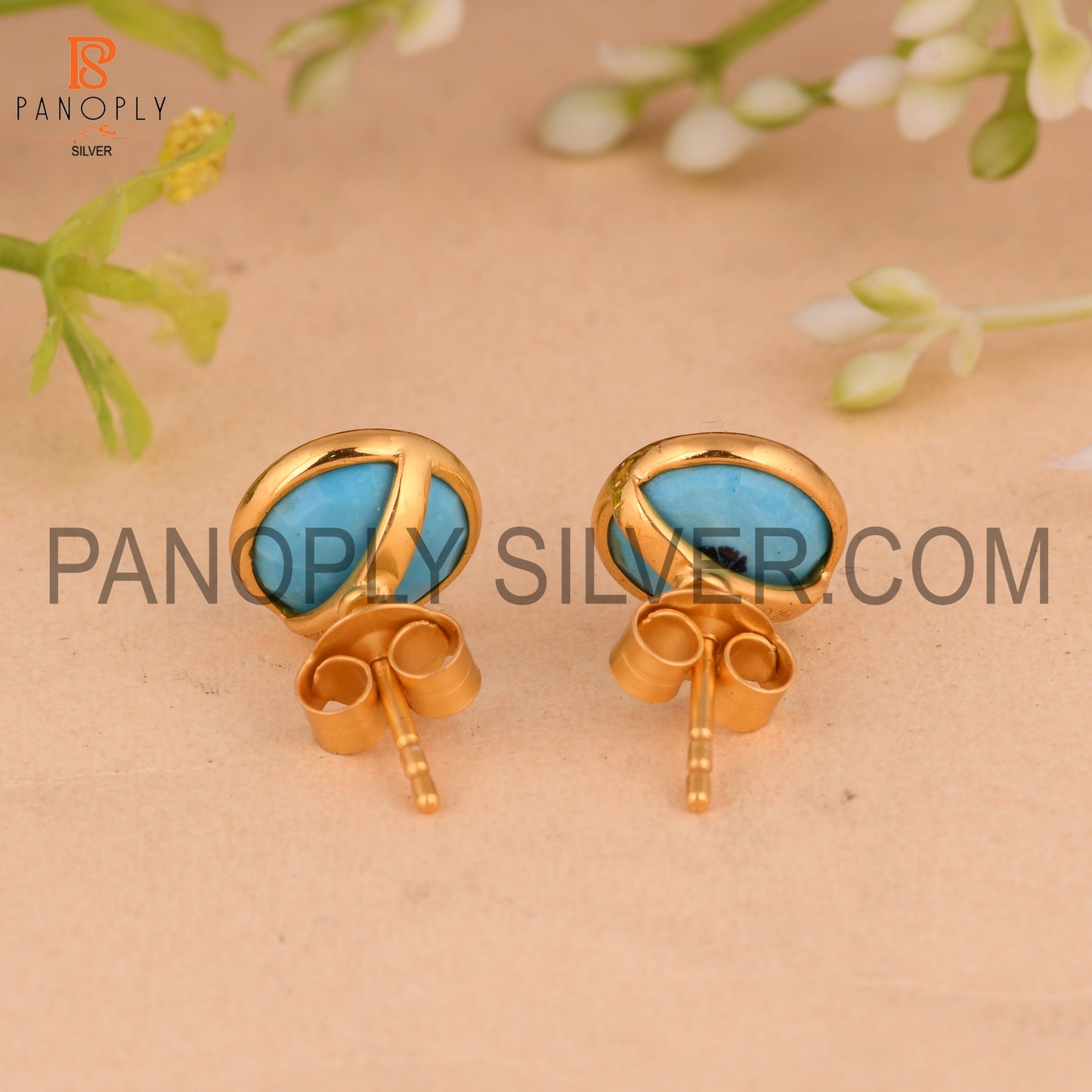 Turquoise Matrix Chinese 18K Gold Stud Earrings