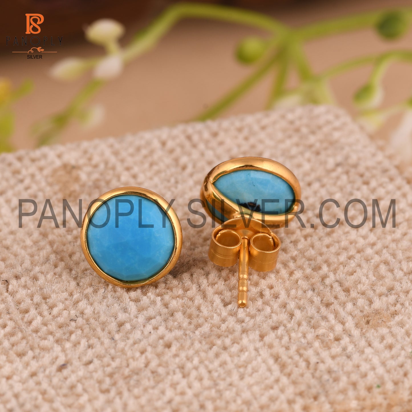 Turquoise Matrix Chinese 18K Gold Stud Earrings