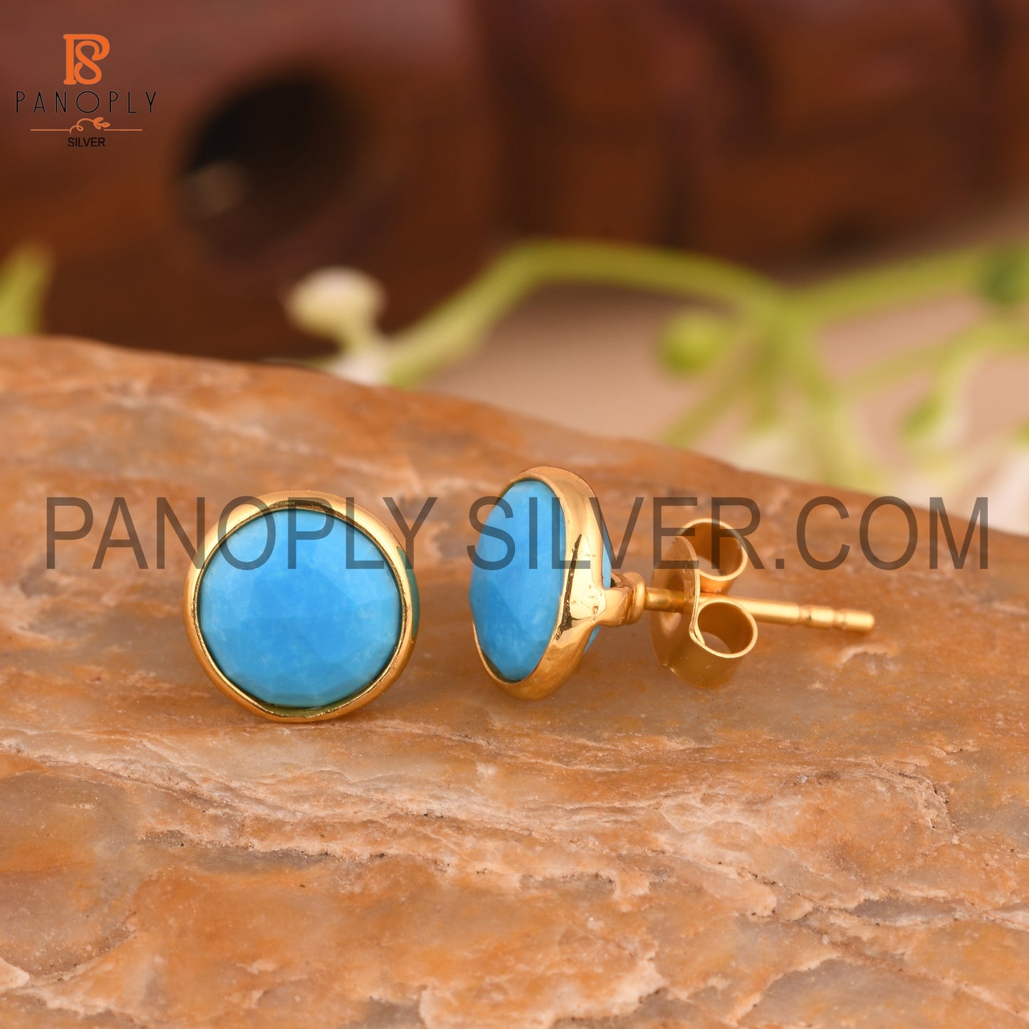 Turquoise Matrix Chinese 18K Gold Stud Earrings