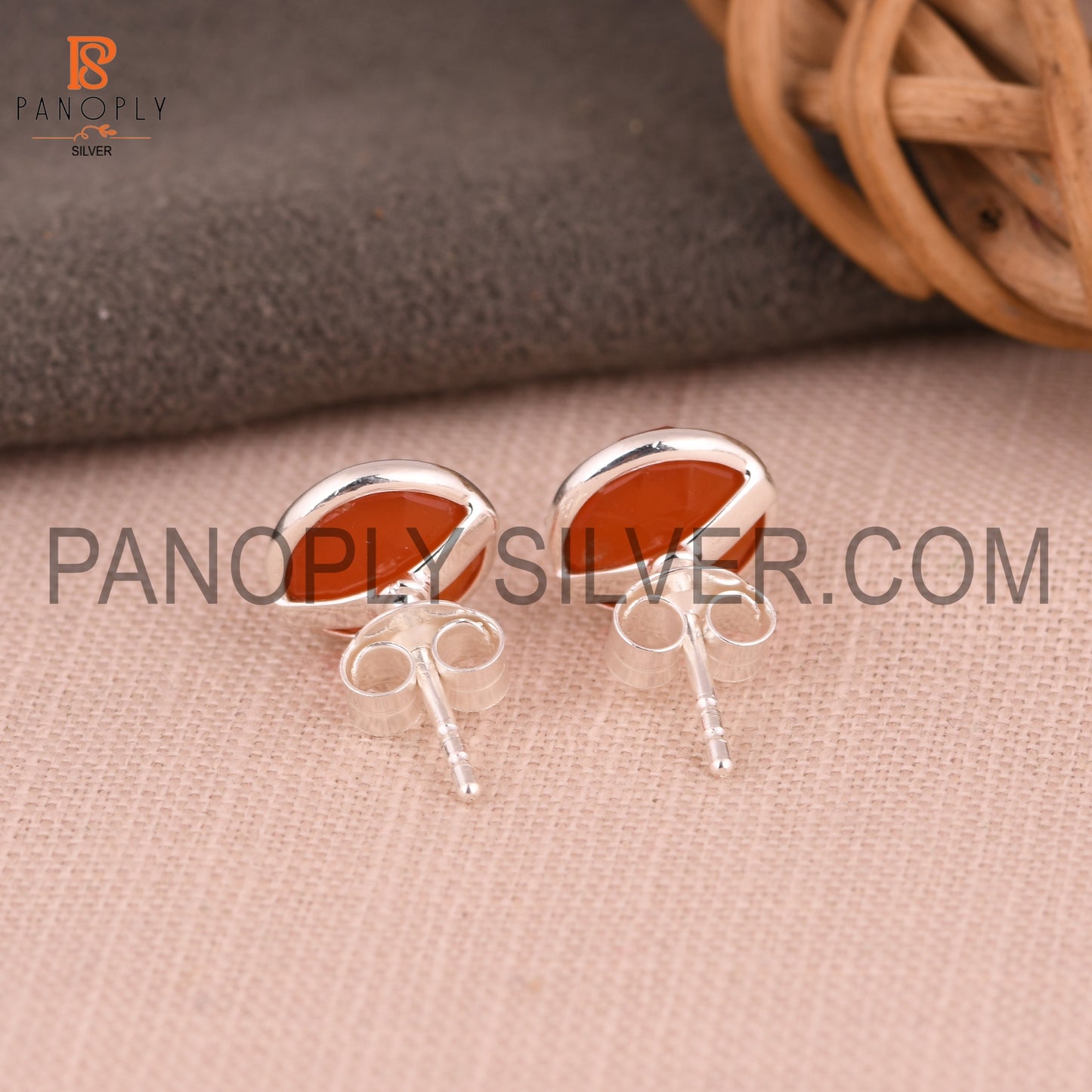 Red Onyx 925 Silver Red Gem Round Stud Earrings