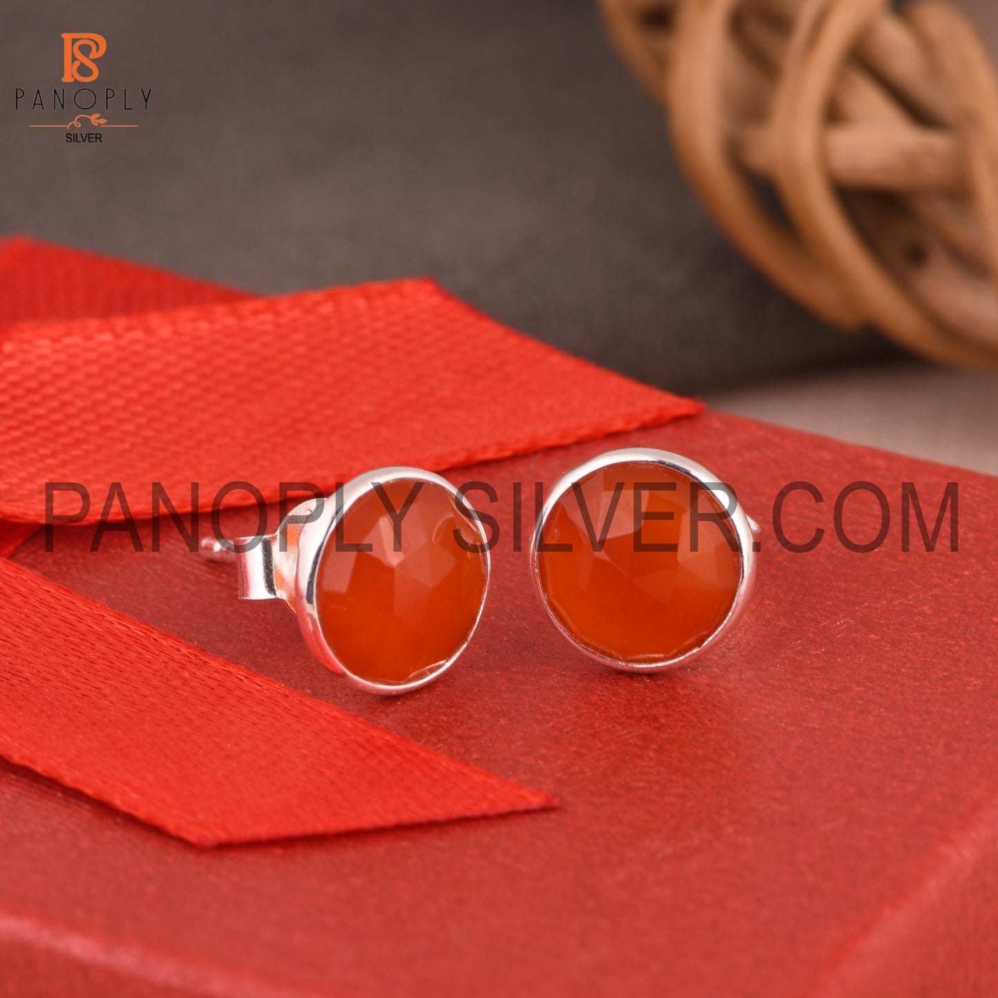 Red Onyx 925 Silver Red Gem Round Stud Earrings
