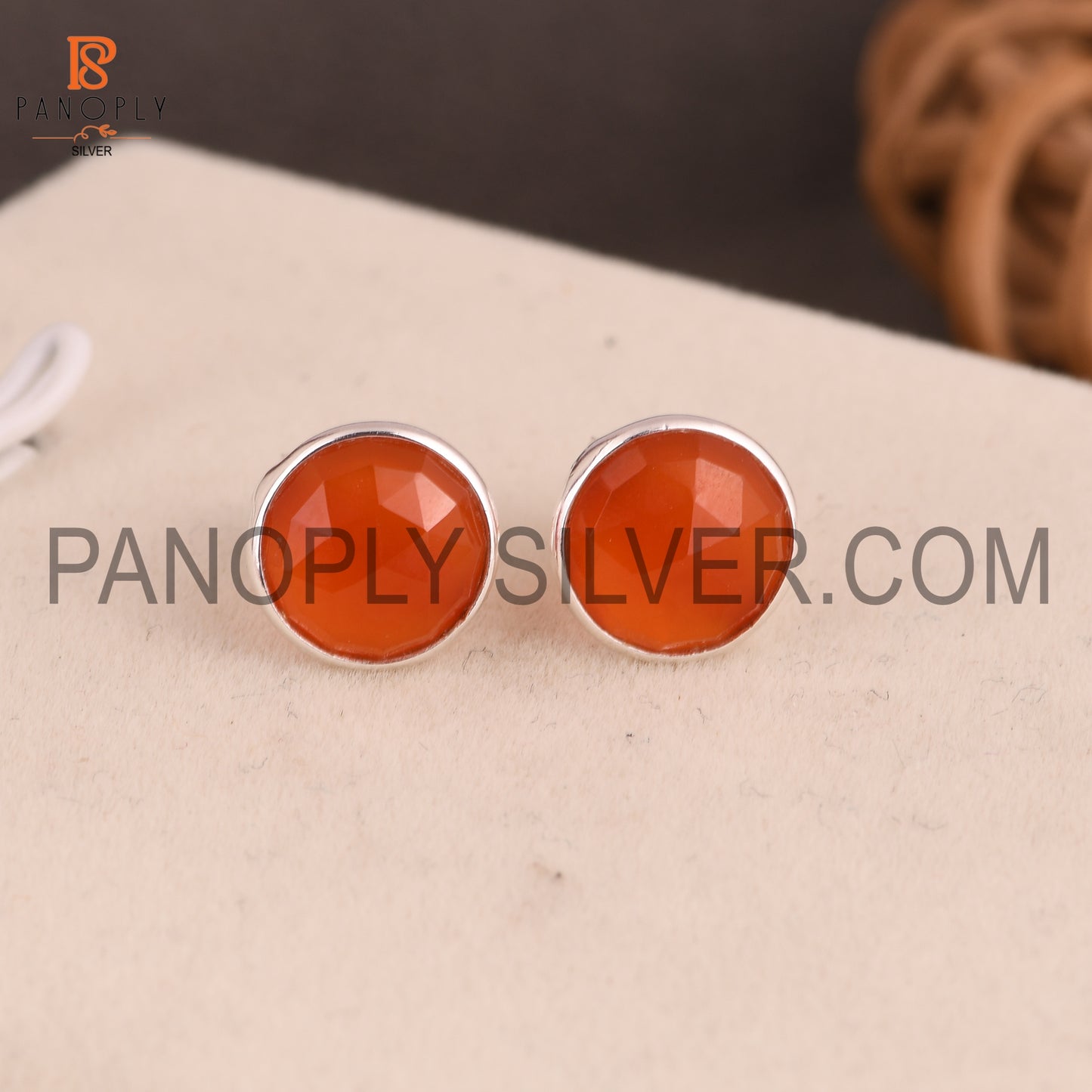Red Onyx 925 Silver Red Gem Round Stud Earrings