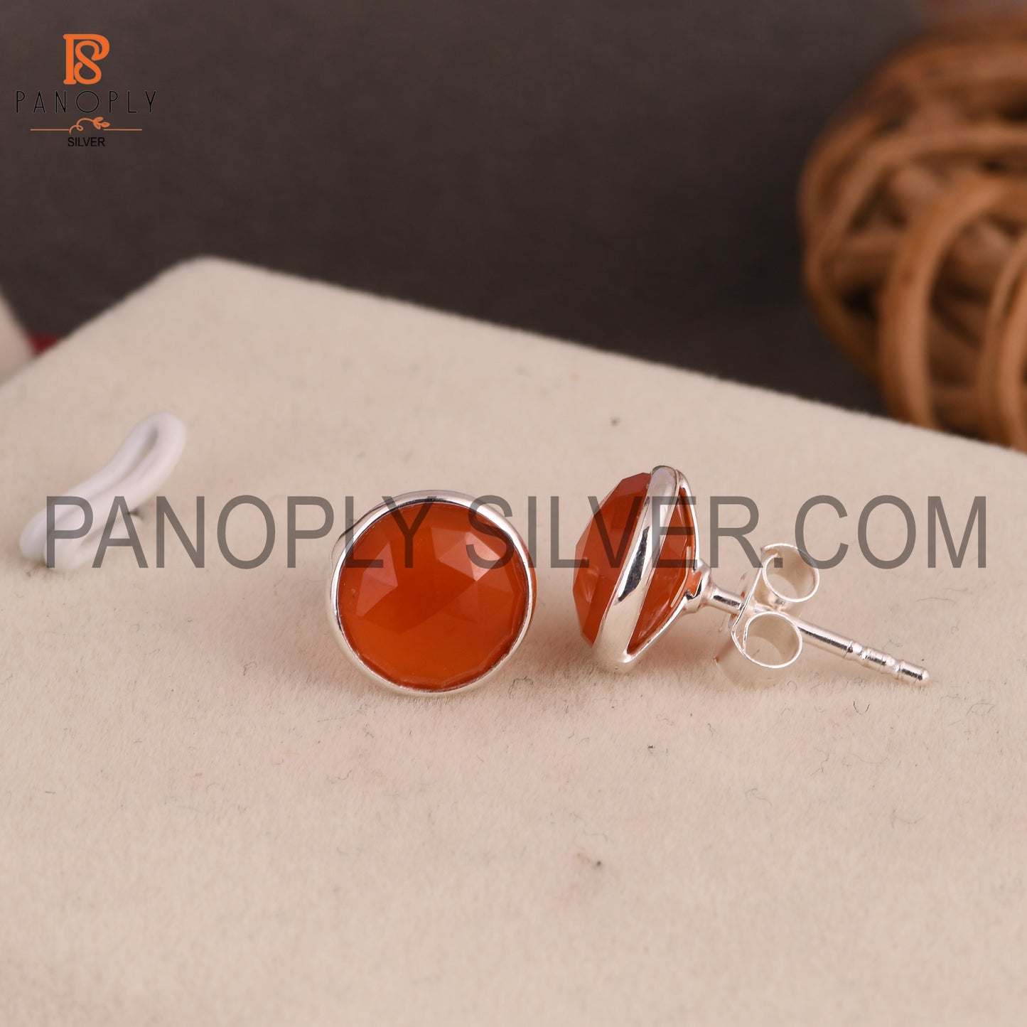 Red Onyx 925 Silver Red Gem Round Stud Earrings