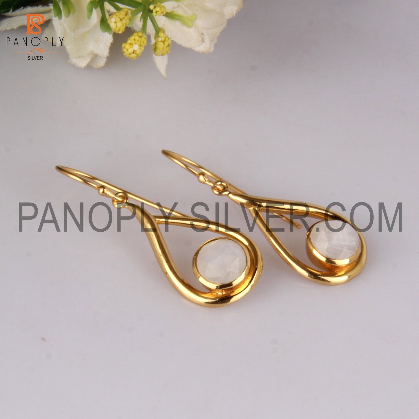 Rainbow Moonstone 18k Gold Plated White Gem Earrings