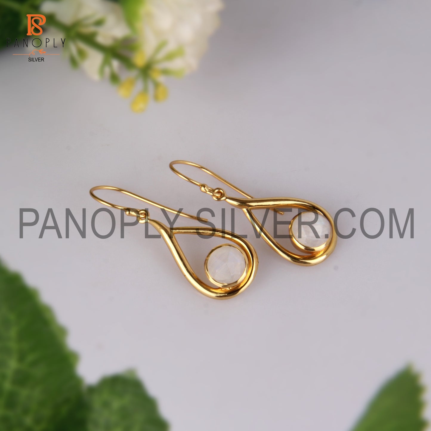 Rainbow Moonstone 18k Gold Plated White Gem Earrings