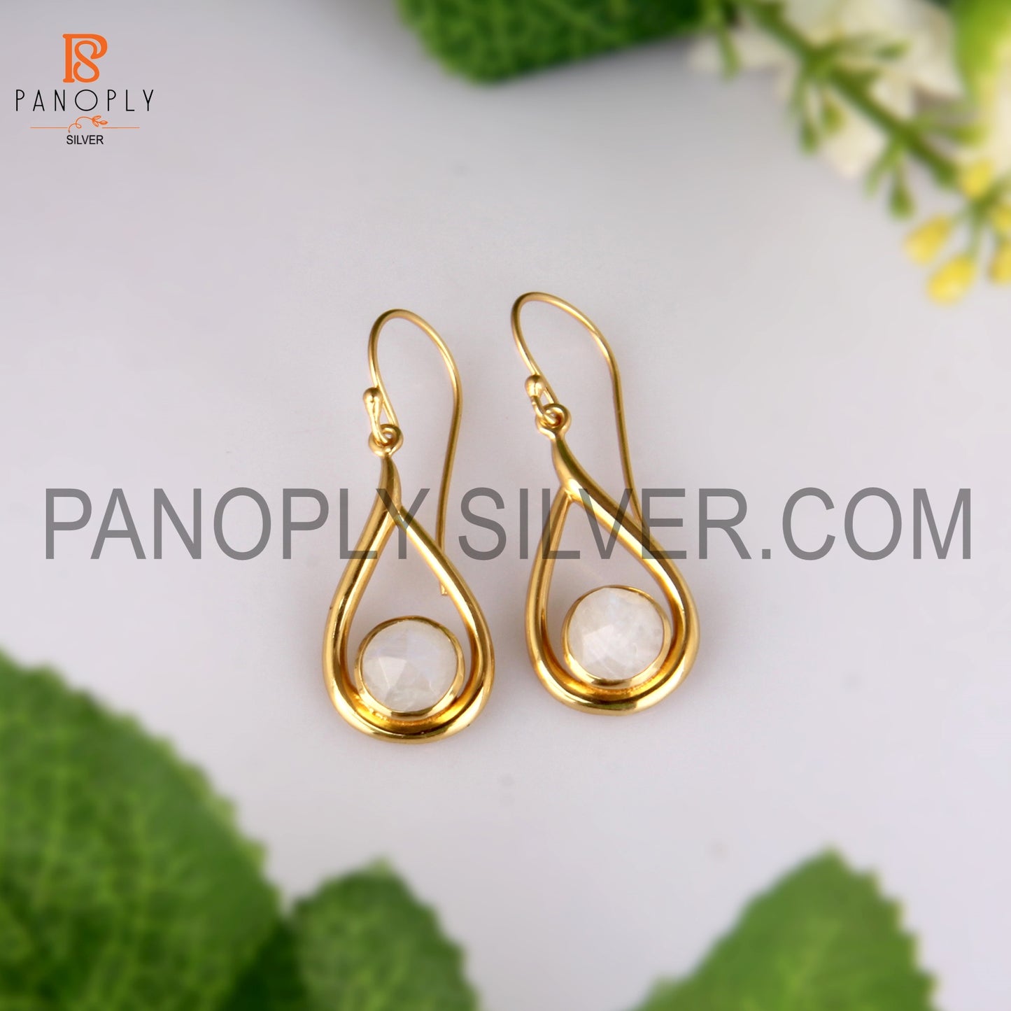 Rainbow Moonstone 18k Gold Plated White Gem Earrings