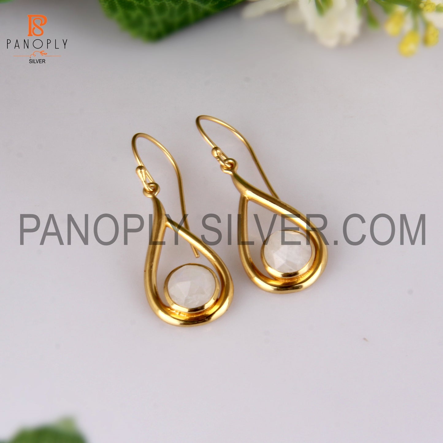 Rainbow Moonstone 18k Gold Plated White Gem Earrings