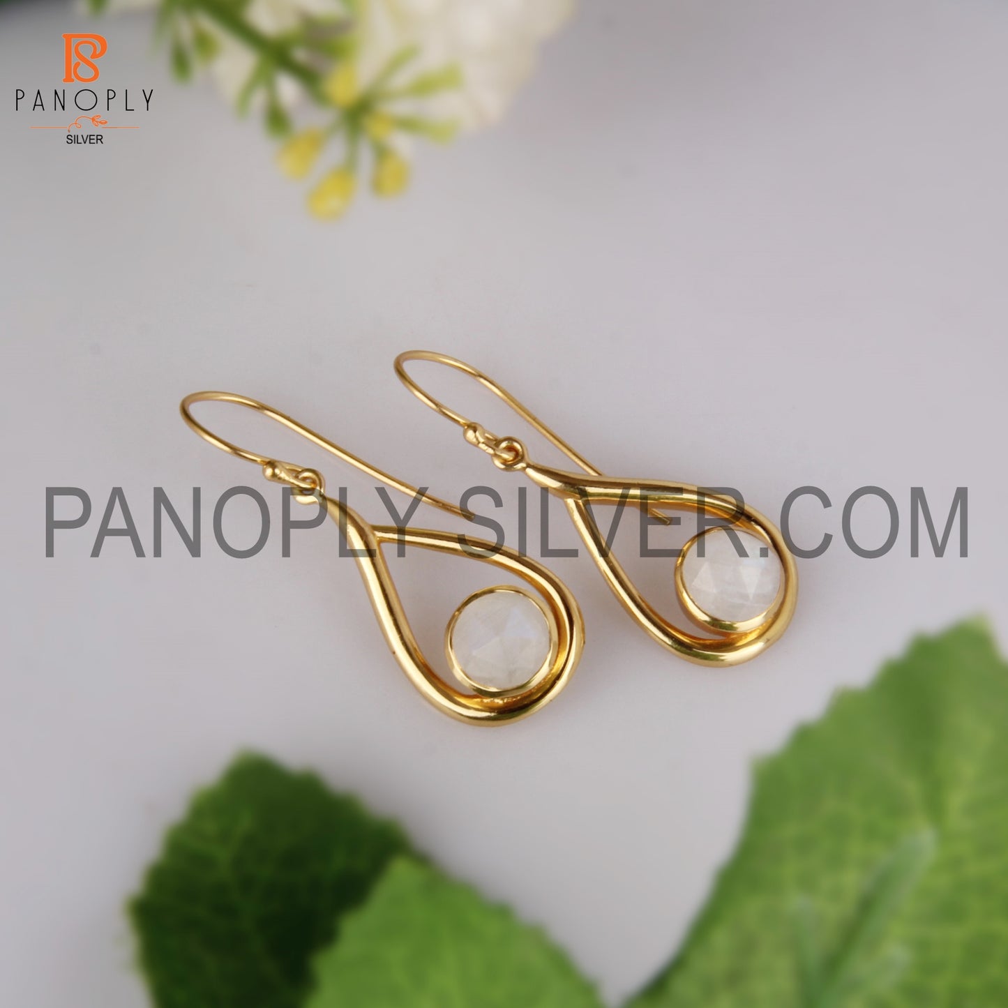 Rainbow Moonstone 18k Gold Plated White Gem Earrings