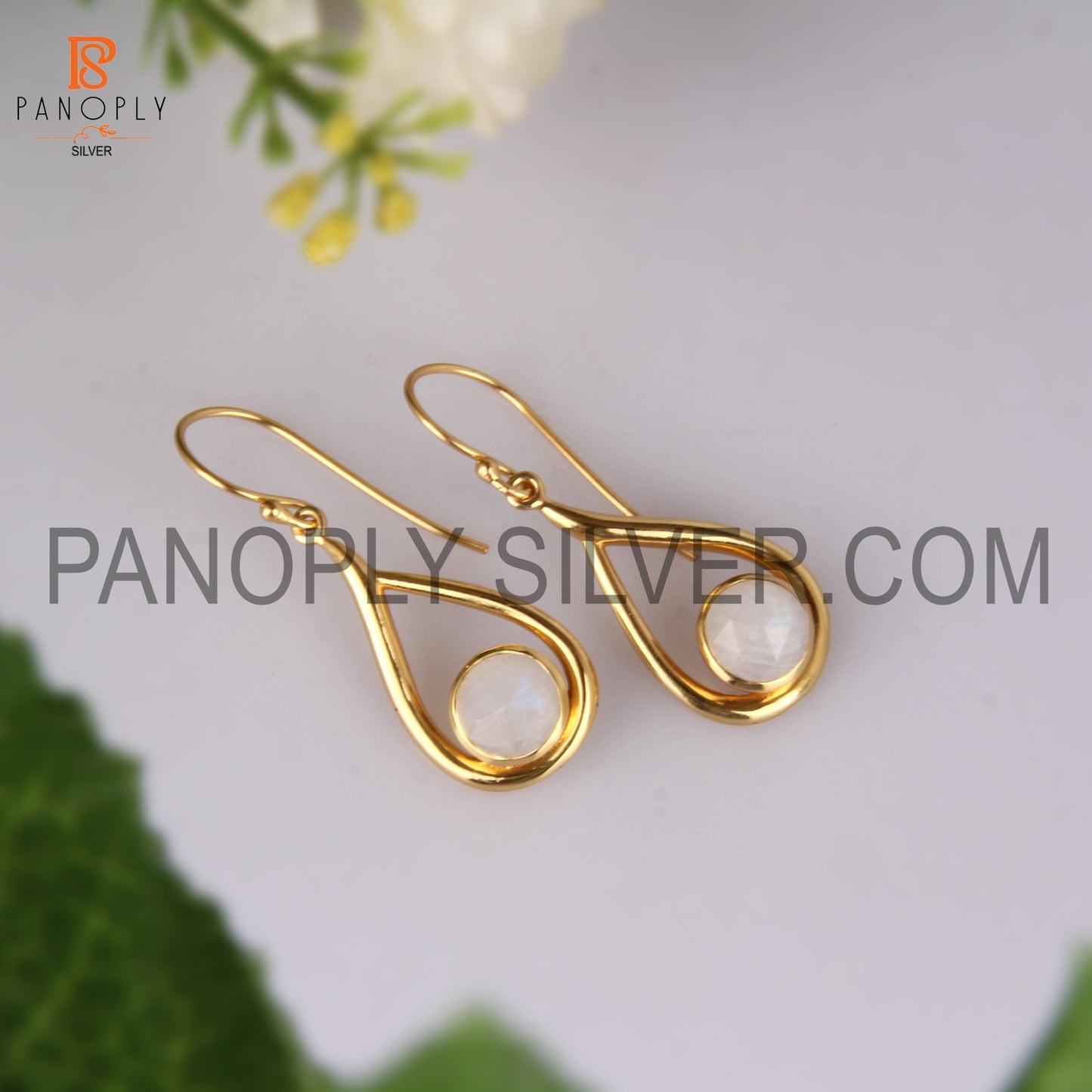 Rainbow Moonstone 18k Gold Plated White Gem Earrings