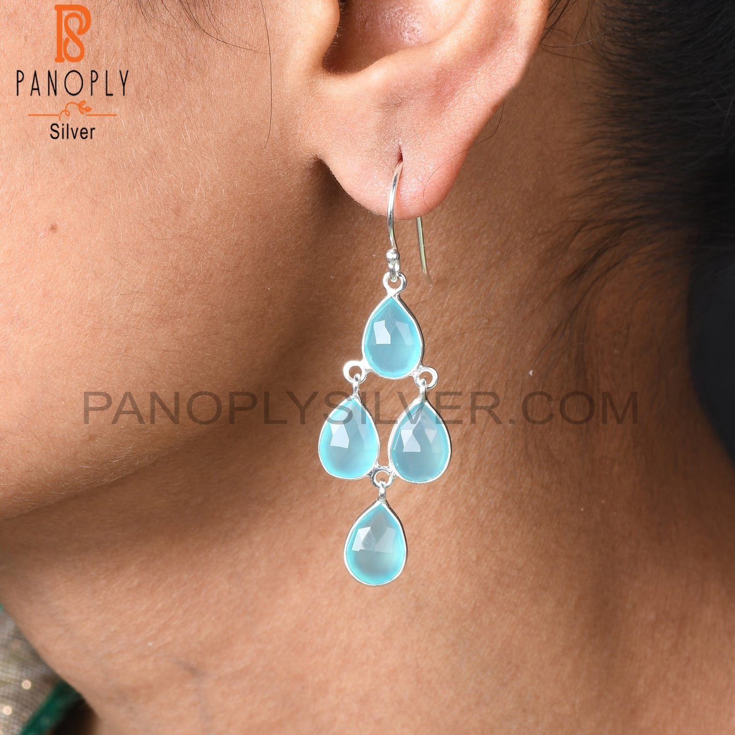 925 Sterling Silver White Aqua Chalcedony Chandelier Earrings