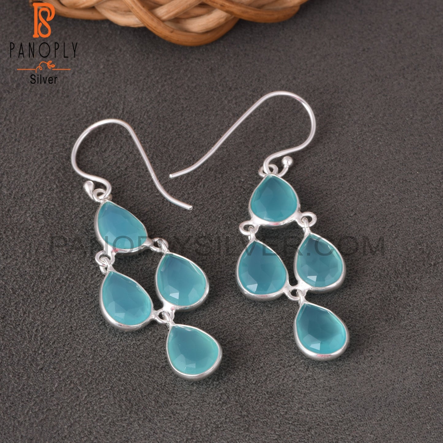 925 Sterling Silver White Aqua Chalcedony Chandelier Earrings