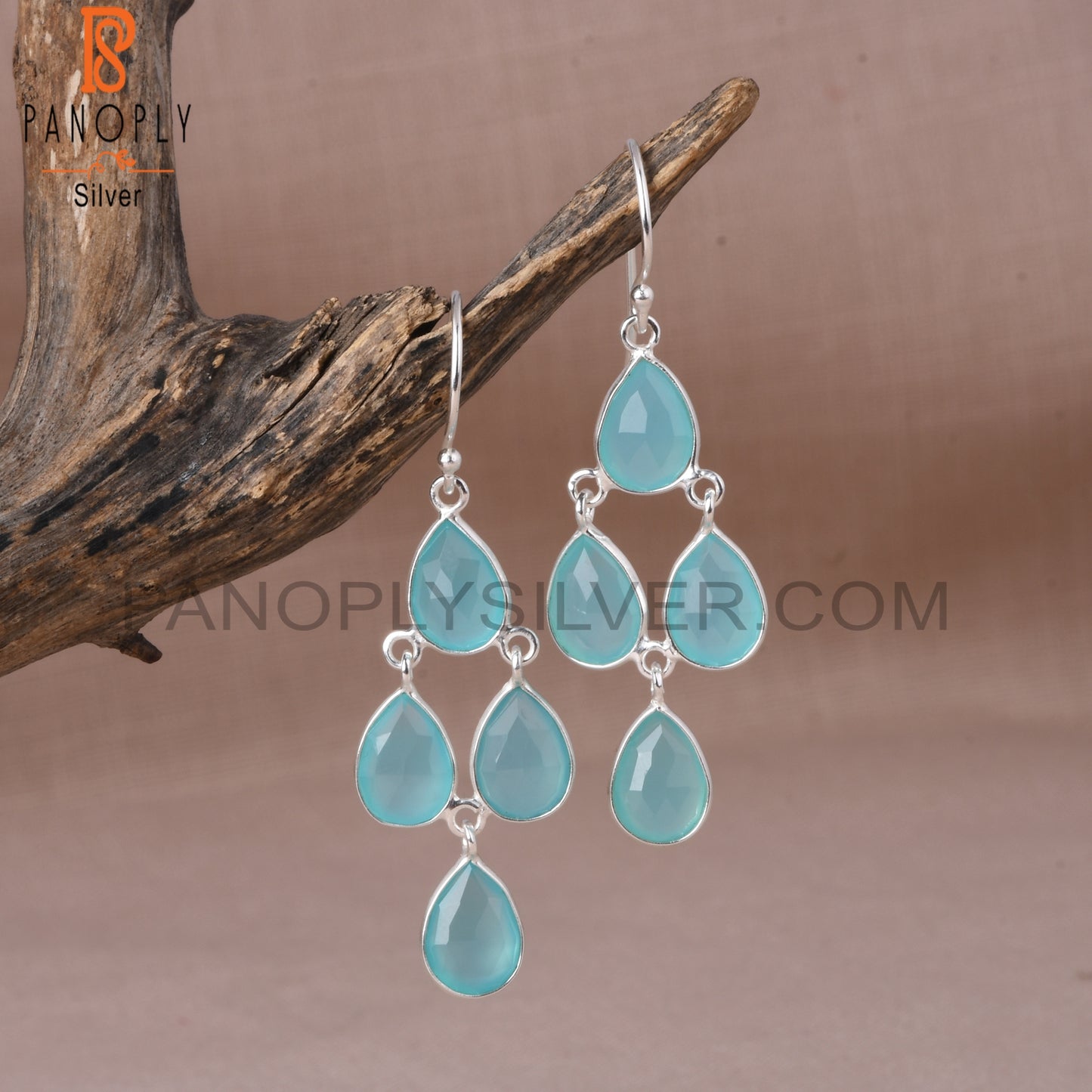 925 Sterling Silver White Aqua Chalcedony Chandelier Earrings