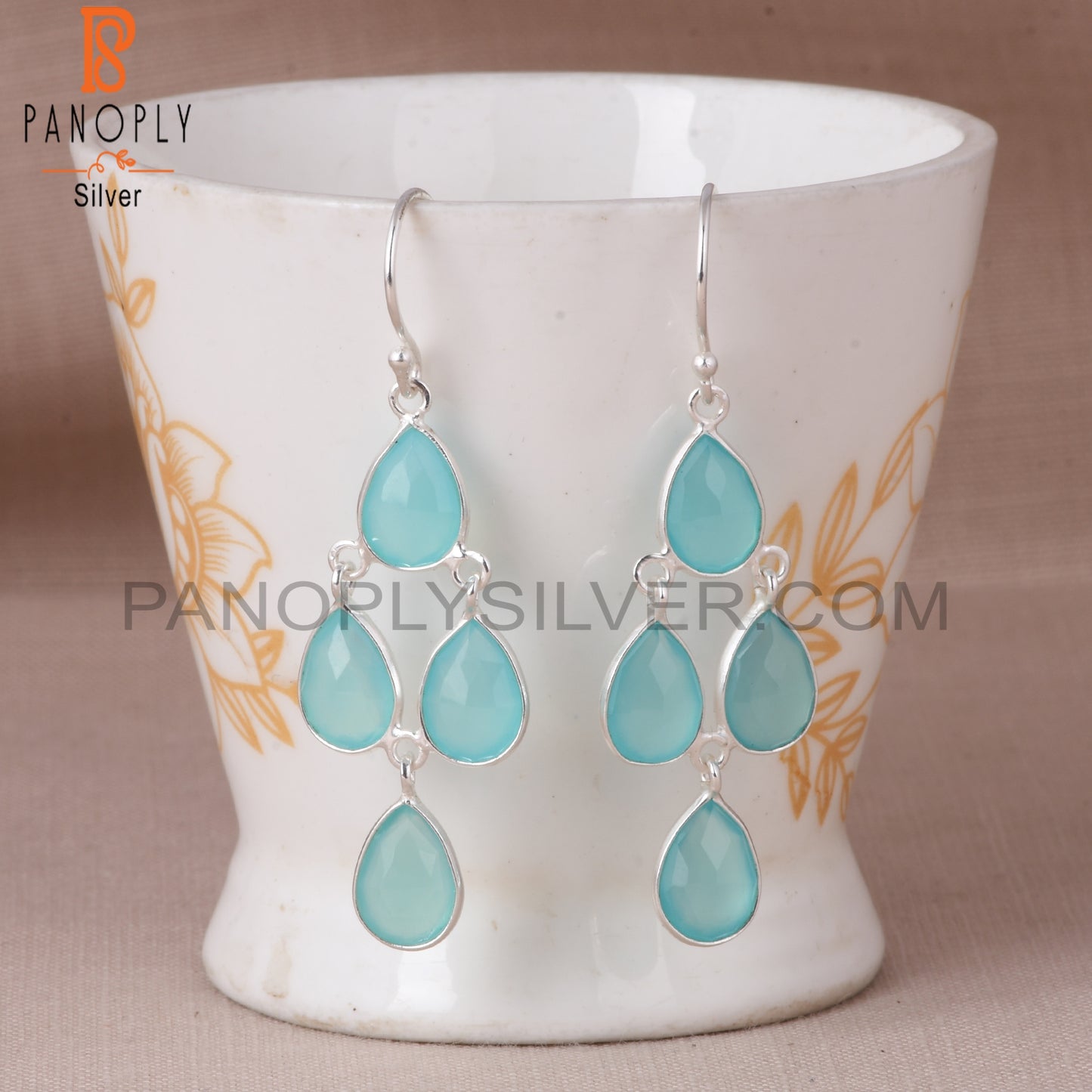 925 Sterling Silver White Aqua Chalcedony Chandelier Earrings