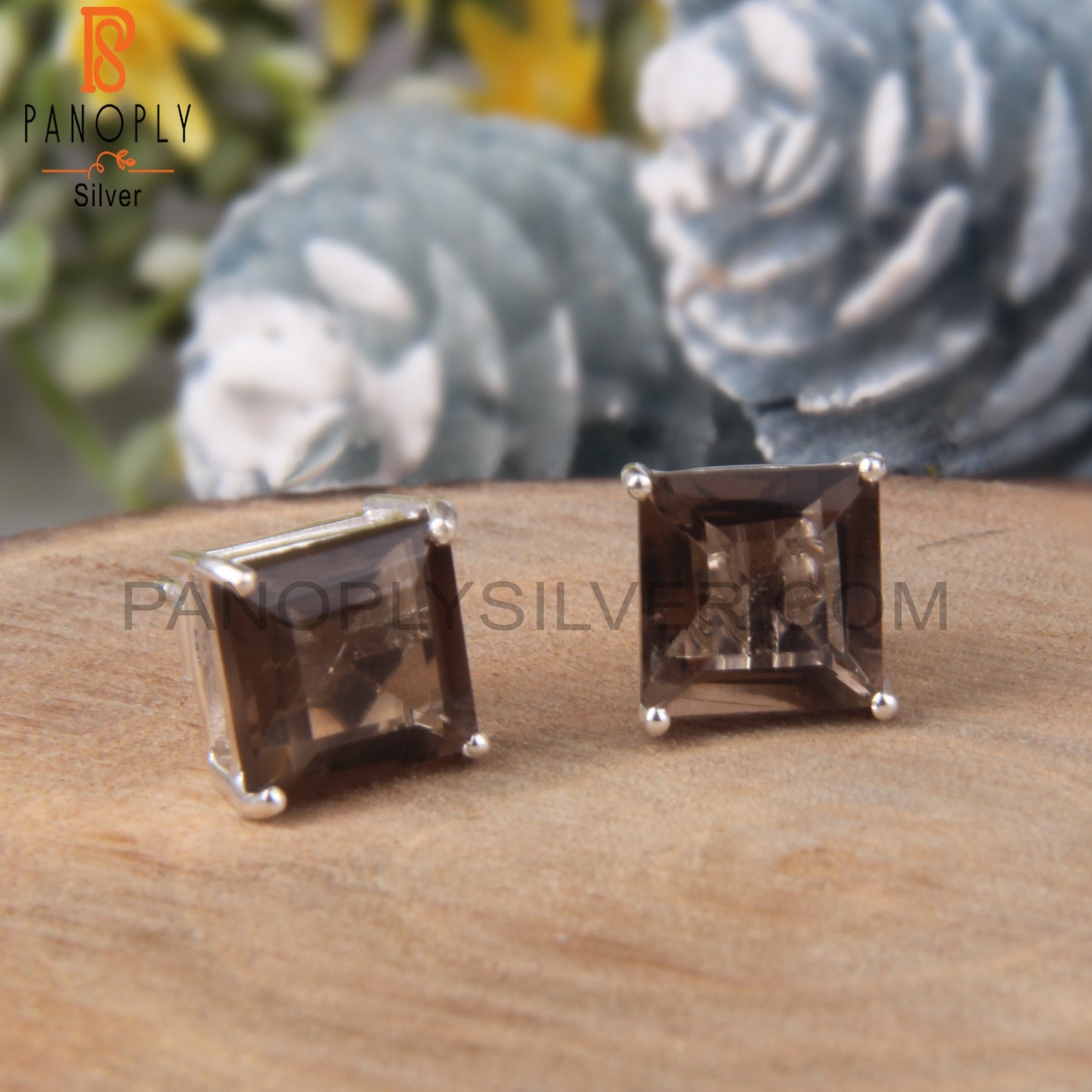 Princess Cut Smoky Quartz Basket Set Womens Stud Earrings