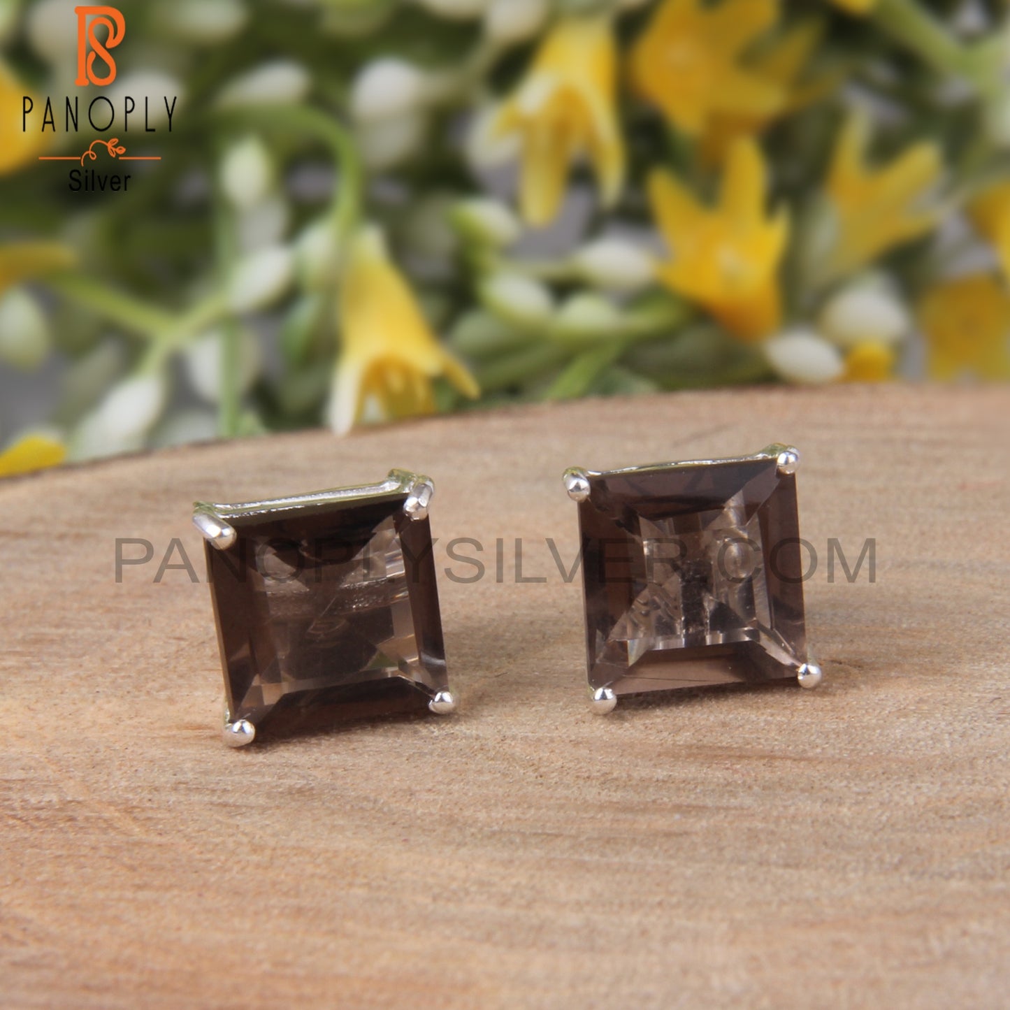 Princess Cut Smoky Quartz Basket Set Womens Stud Earrings