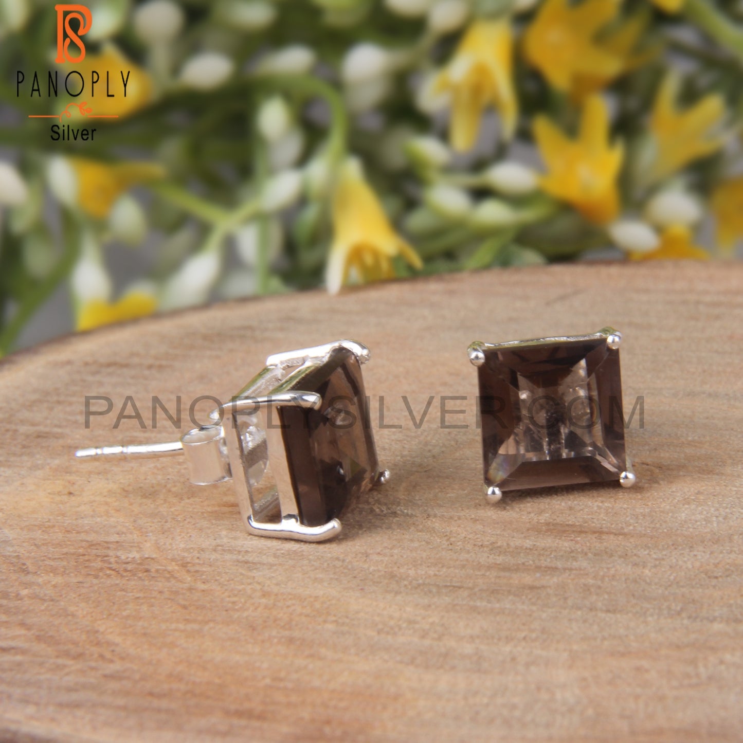 Princess Cut Smoky Quartz Basket Set Womens Stud Earrings